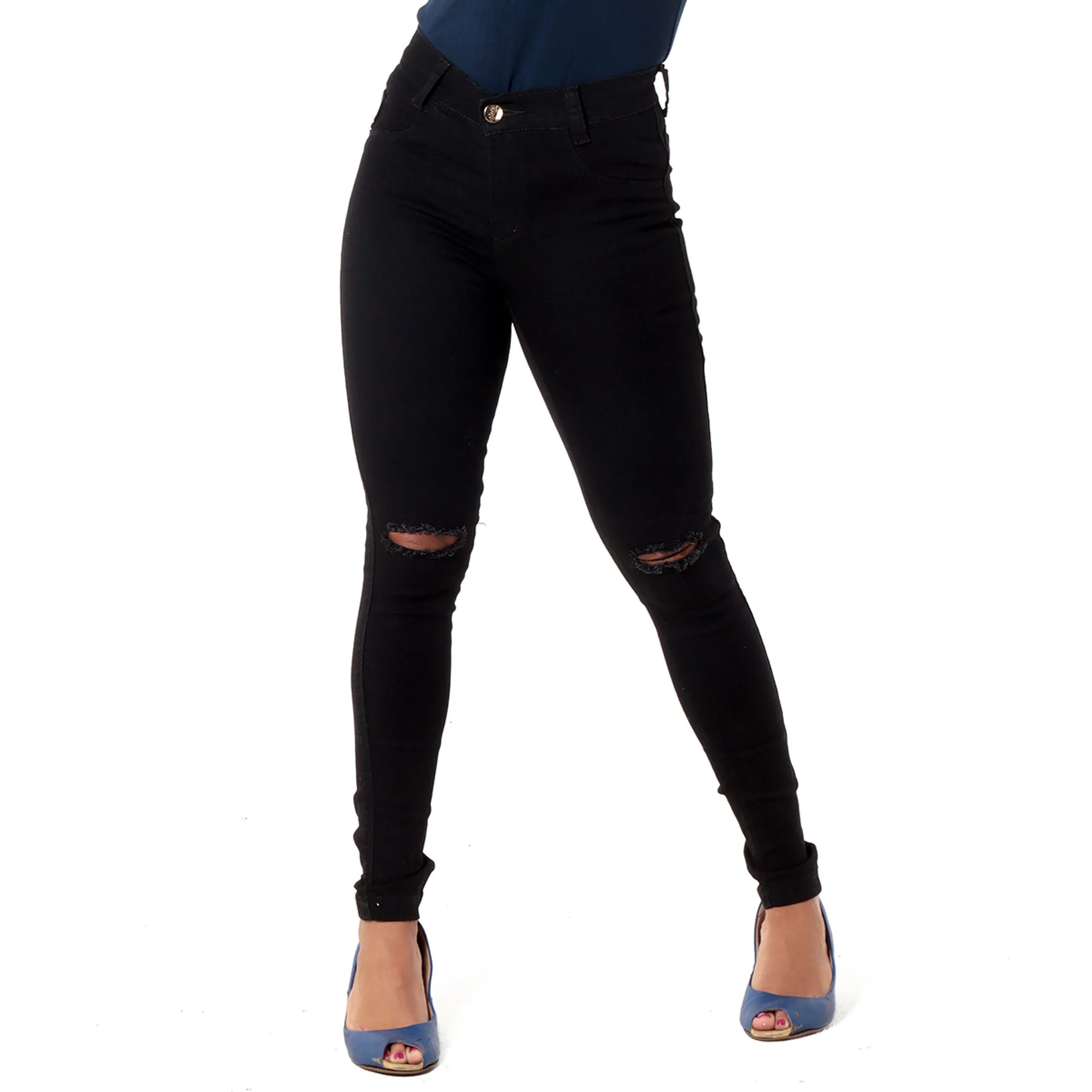 Calça Jeans Fem Preta Cint Alta Skinny Levanta Bumbum Lycra