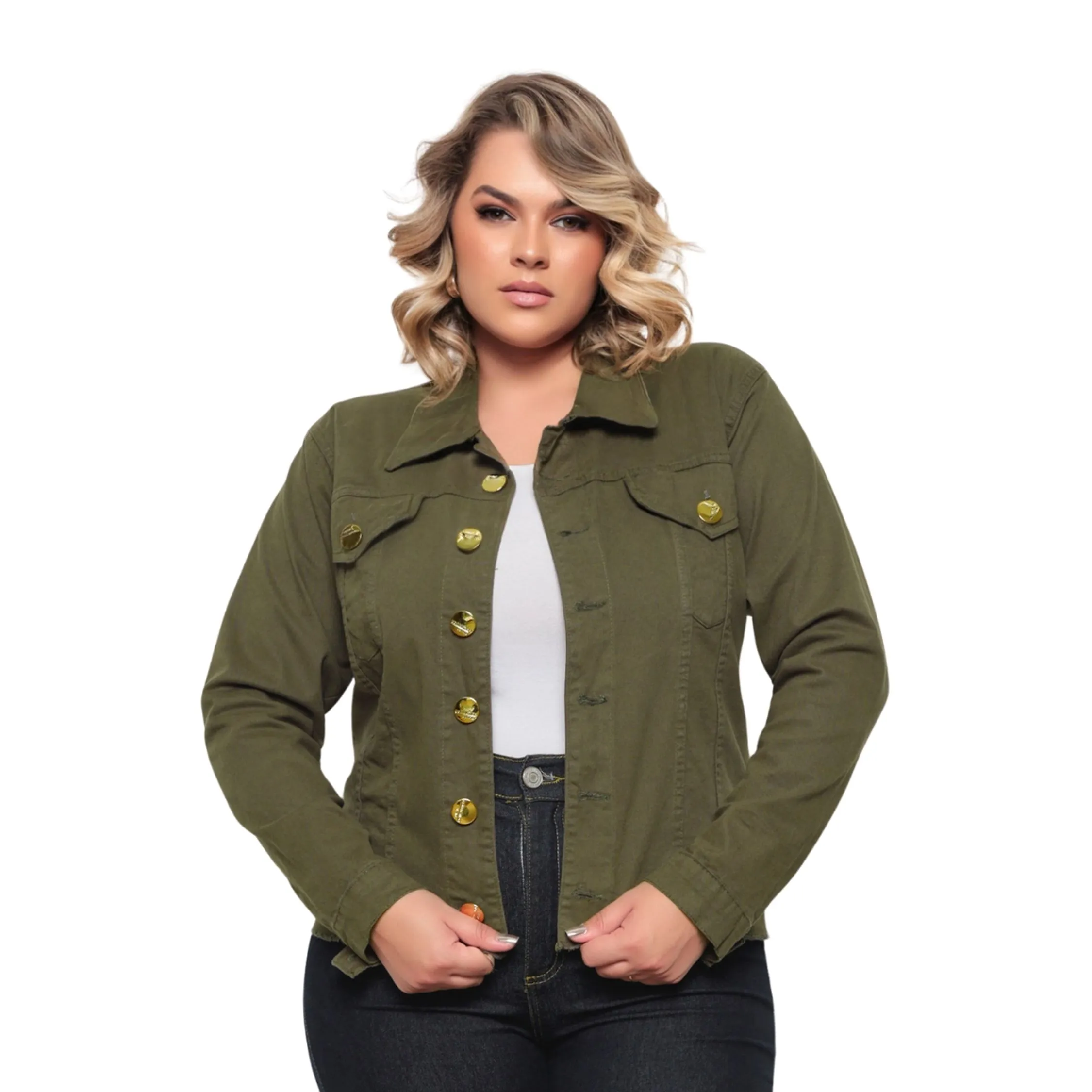 Jaqueta de Sarja Feminina com Elastano Plus Size Verde Oliva