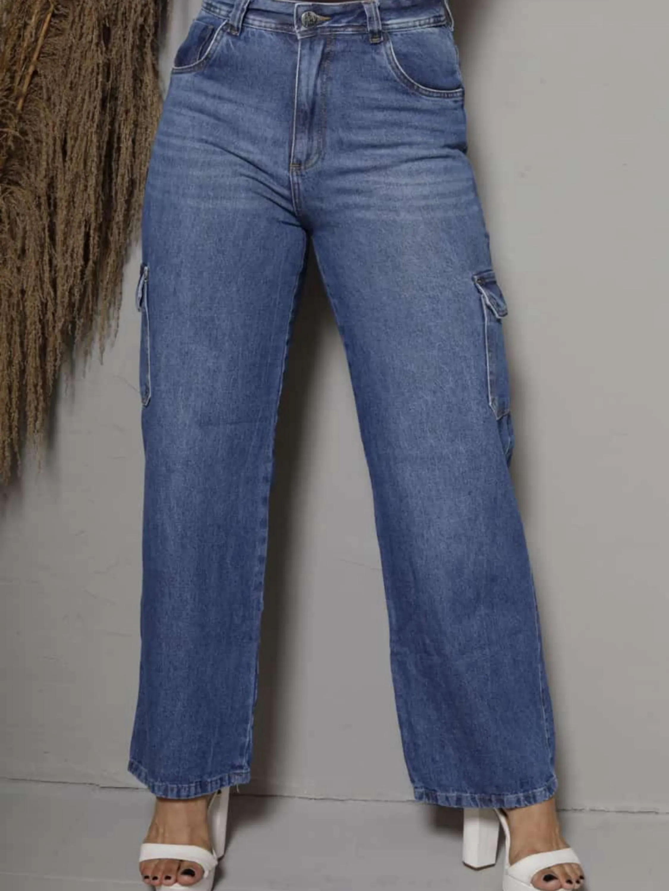 Calça Wide leg jeans cargo