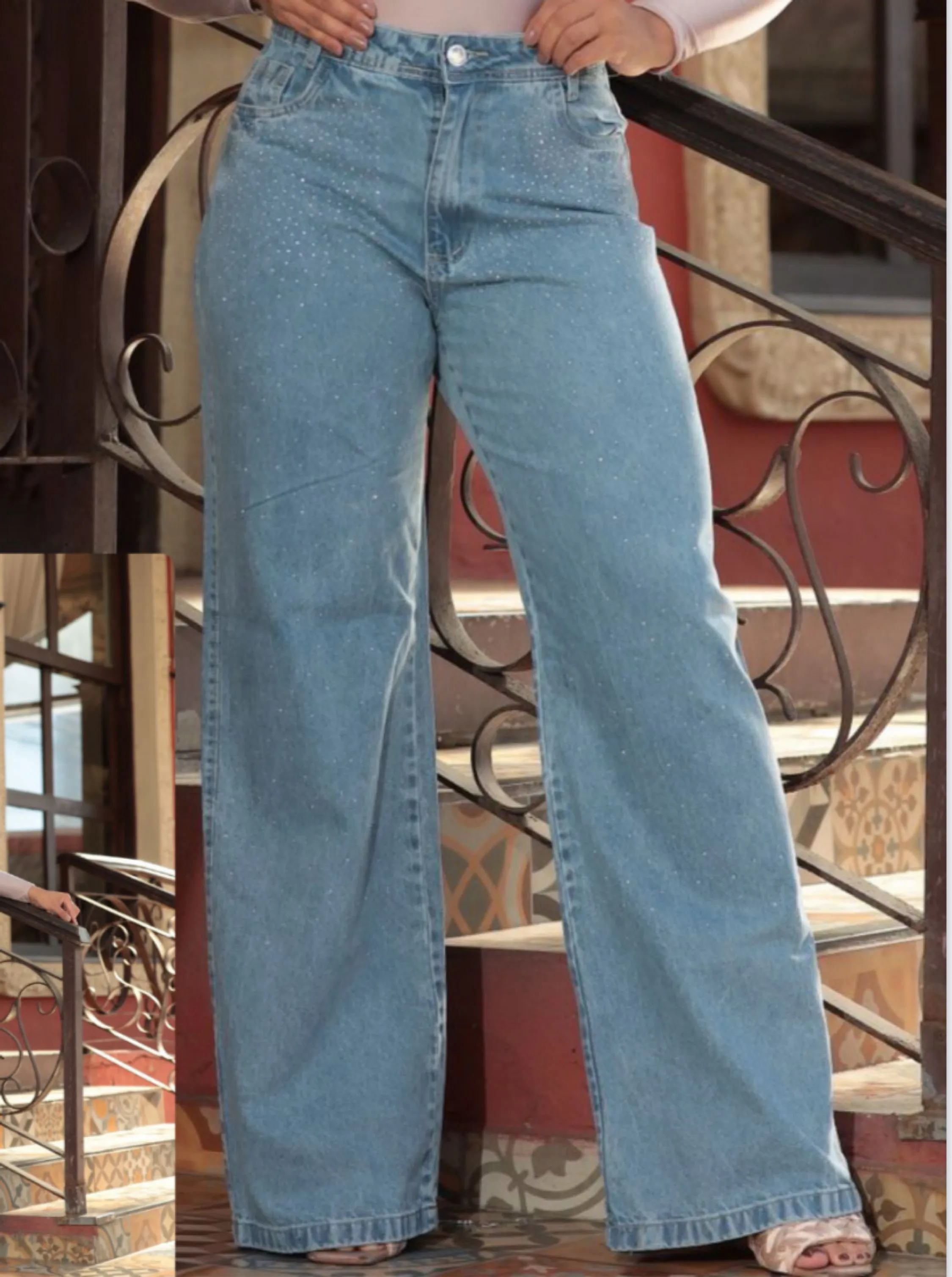 Wideleg Pedraria Jeans claro