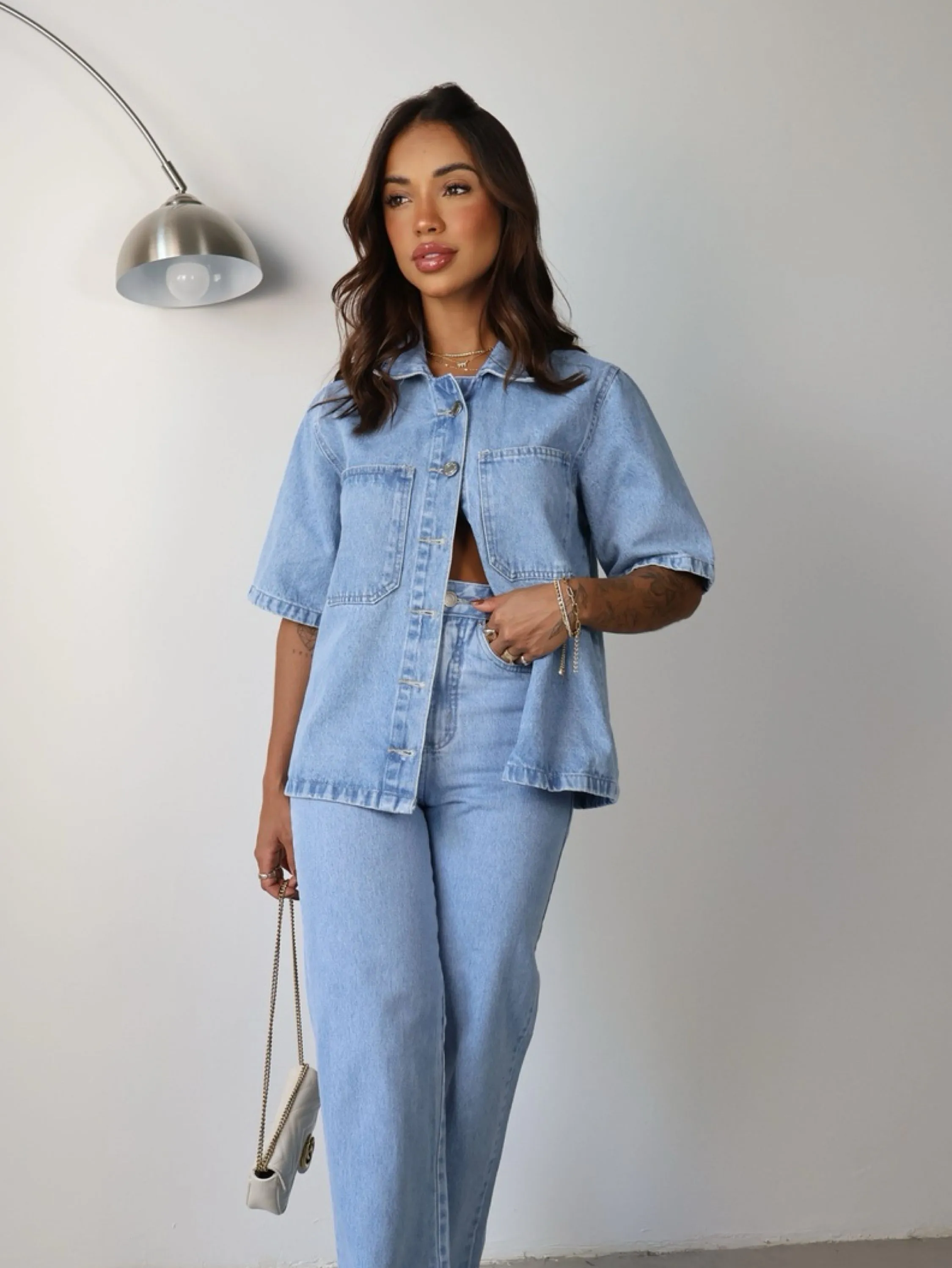 Camisao jeans manga curta