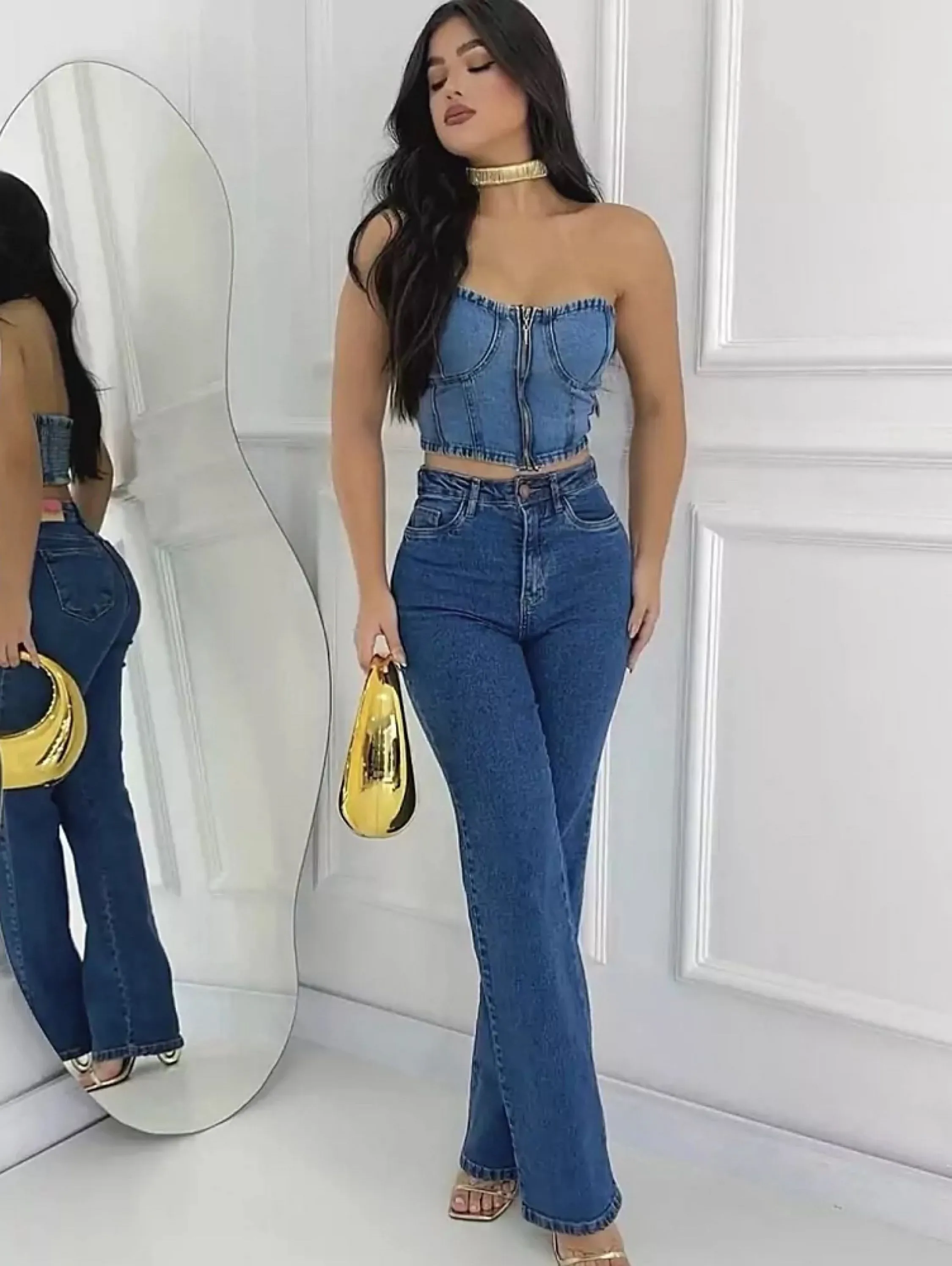 Calça Wide leg jeans com elastano