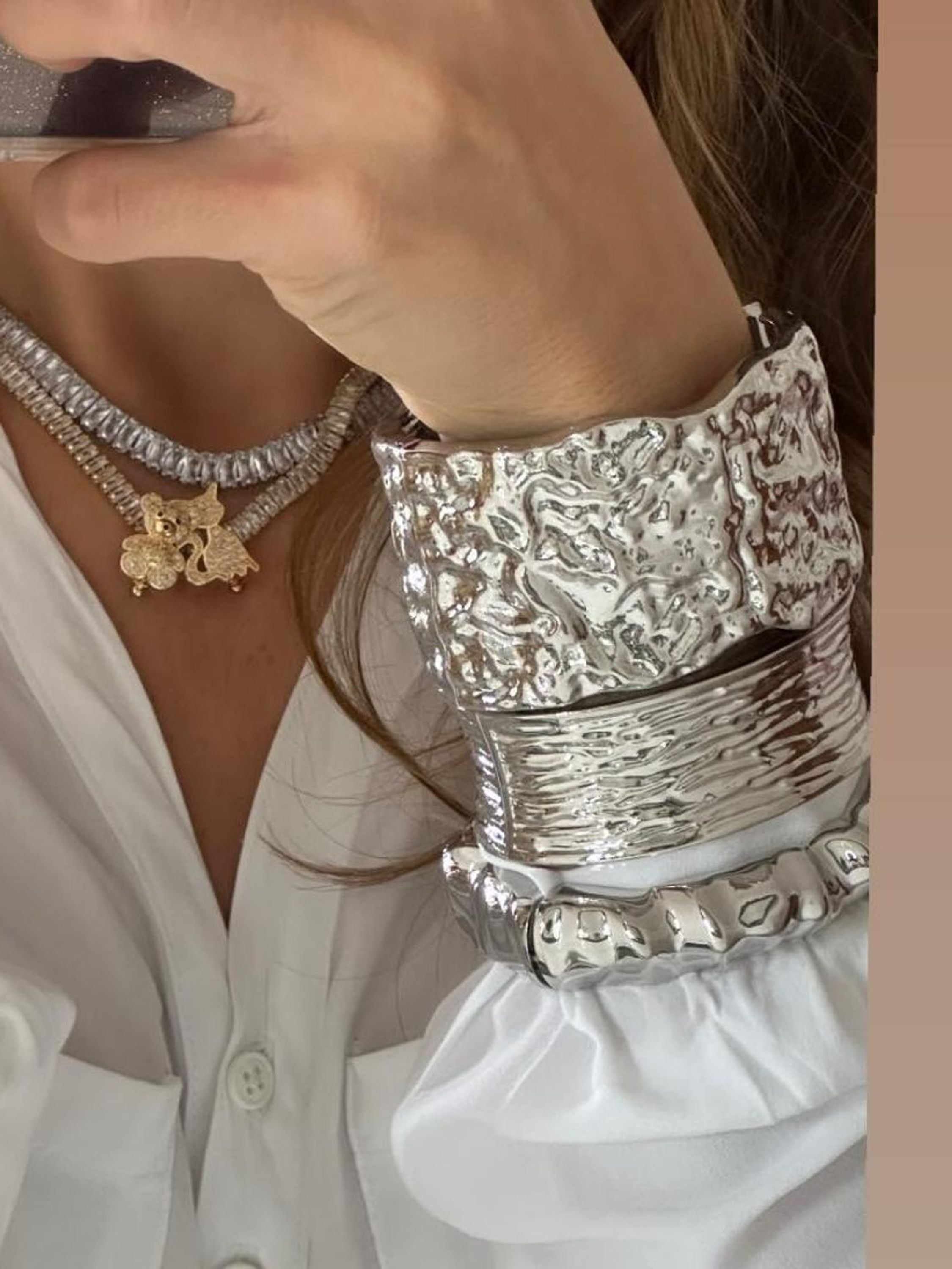 Bracelete Moderno Prata Moda Martelado