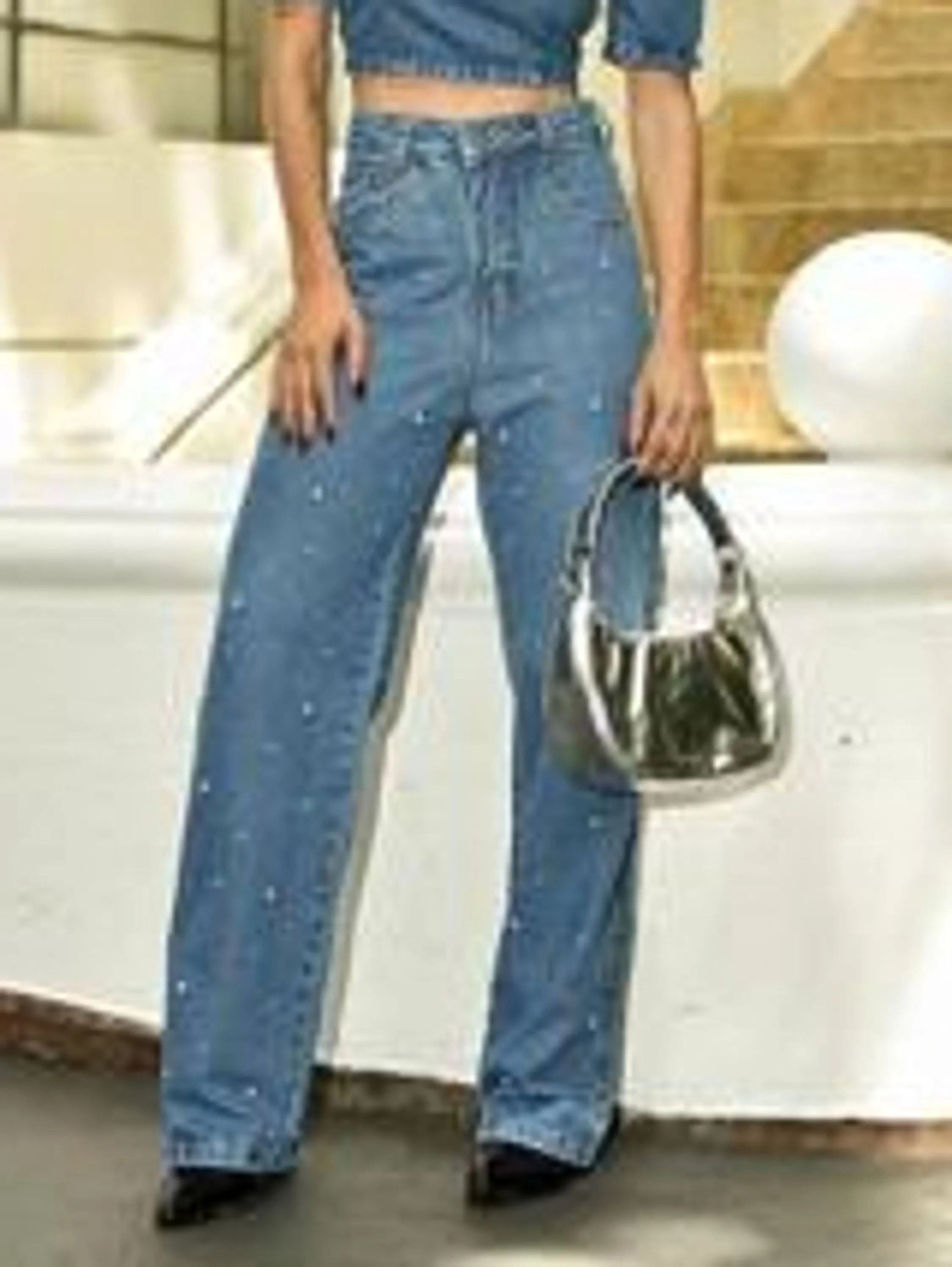 Calça wide leg com perolas 1105