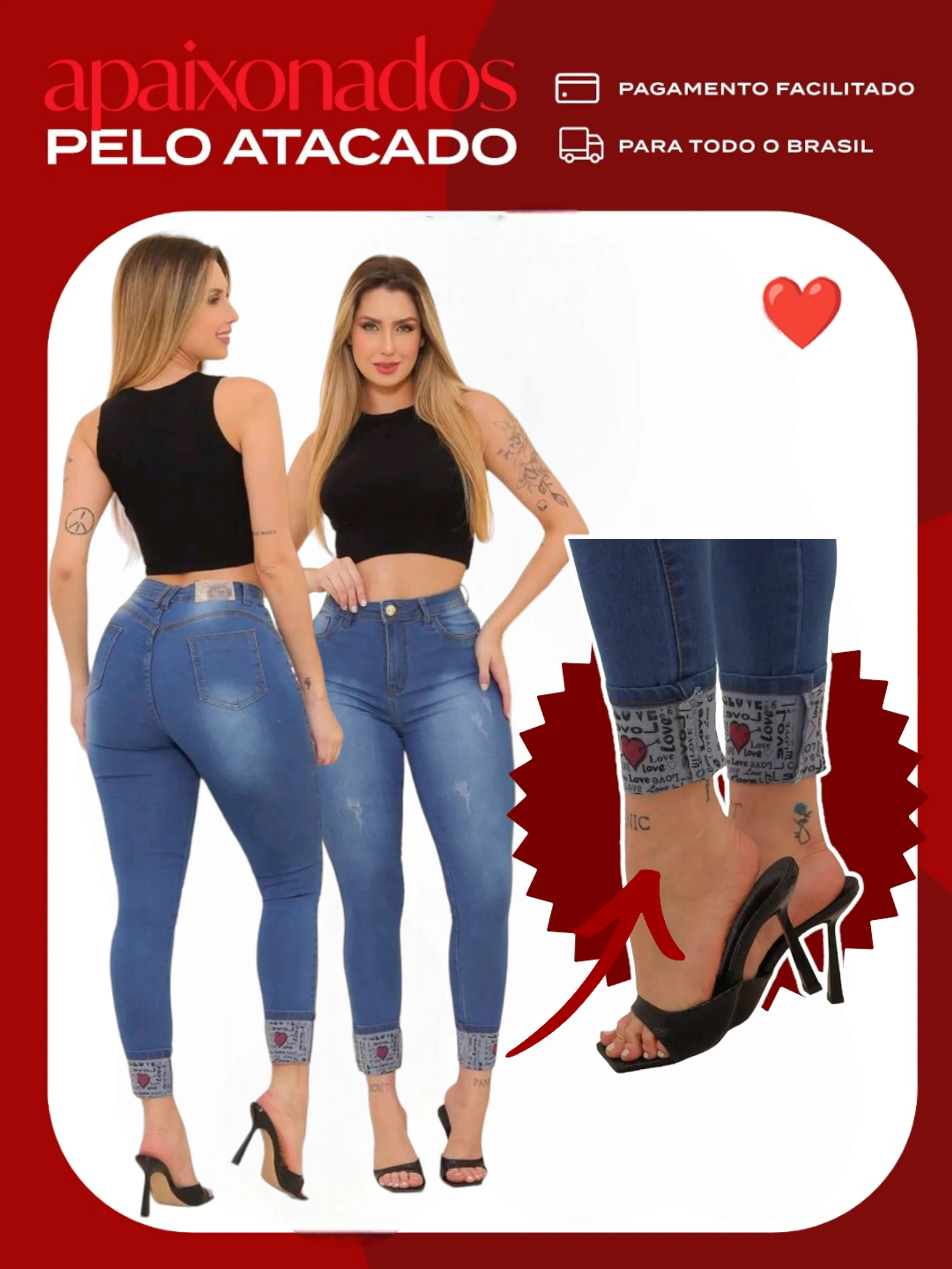 Calça jeans skinny feminina (barra love)paul_a_beatri_z_jeans