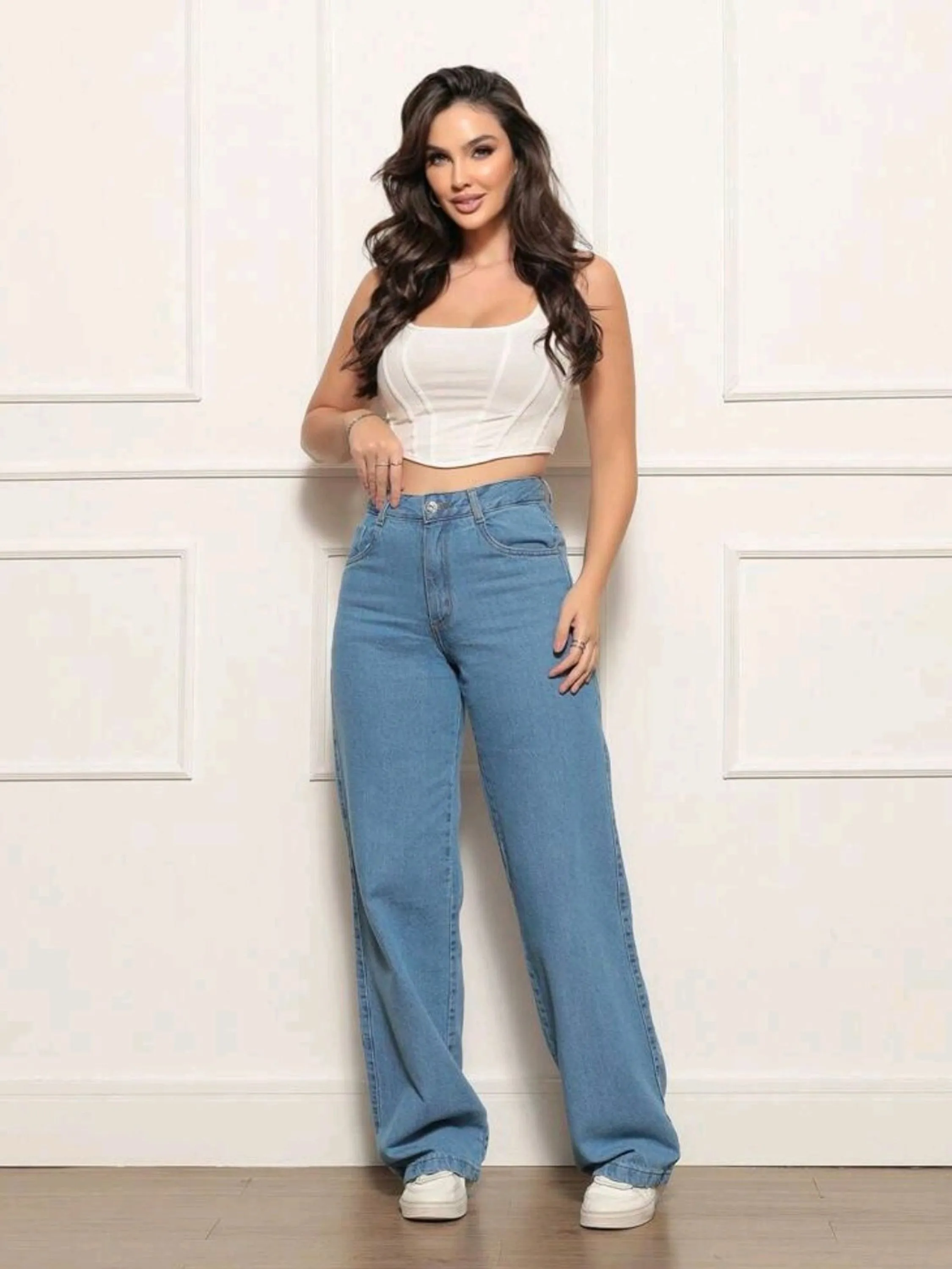 Calça wide leg jeans pantalona feminina paul_a_beatri_z_jeans