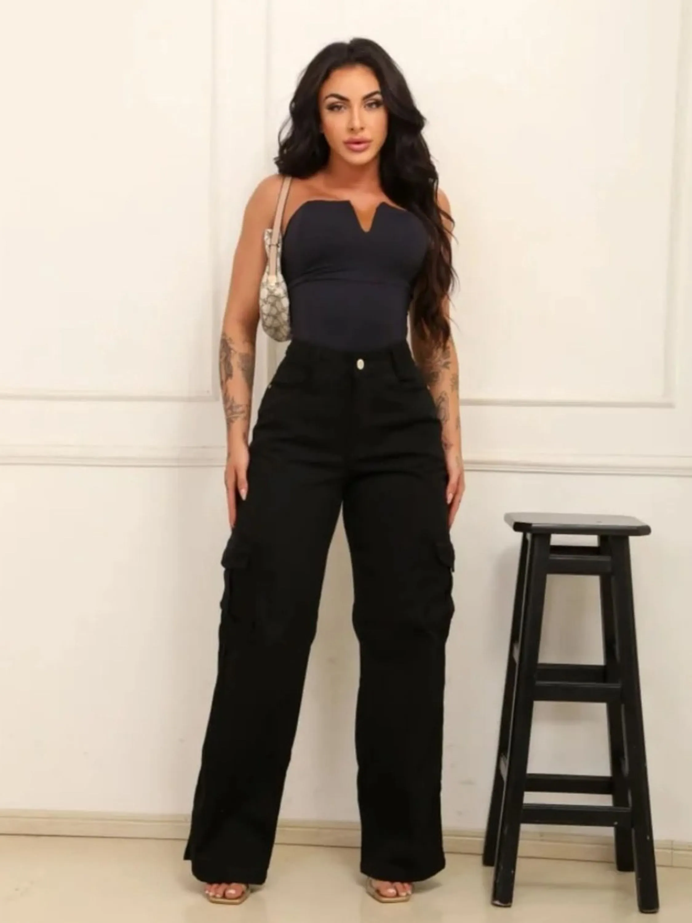 Cargo preto jeans pantalona feminina 🖤