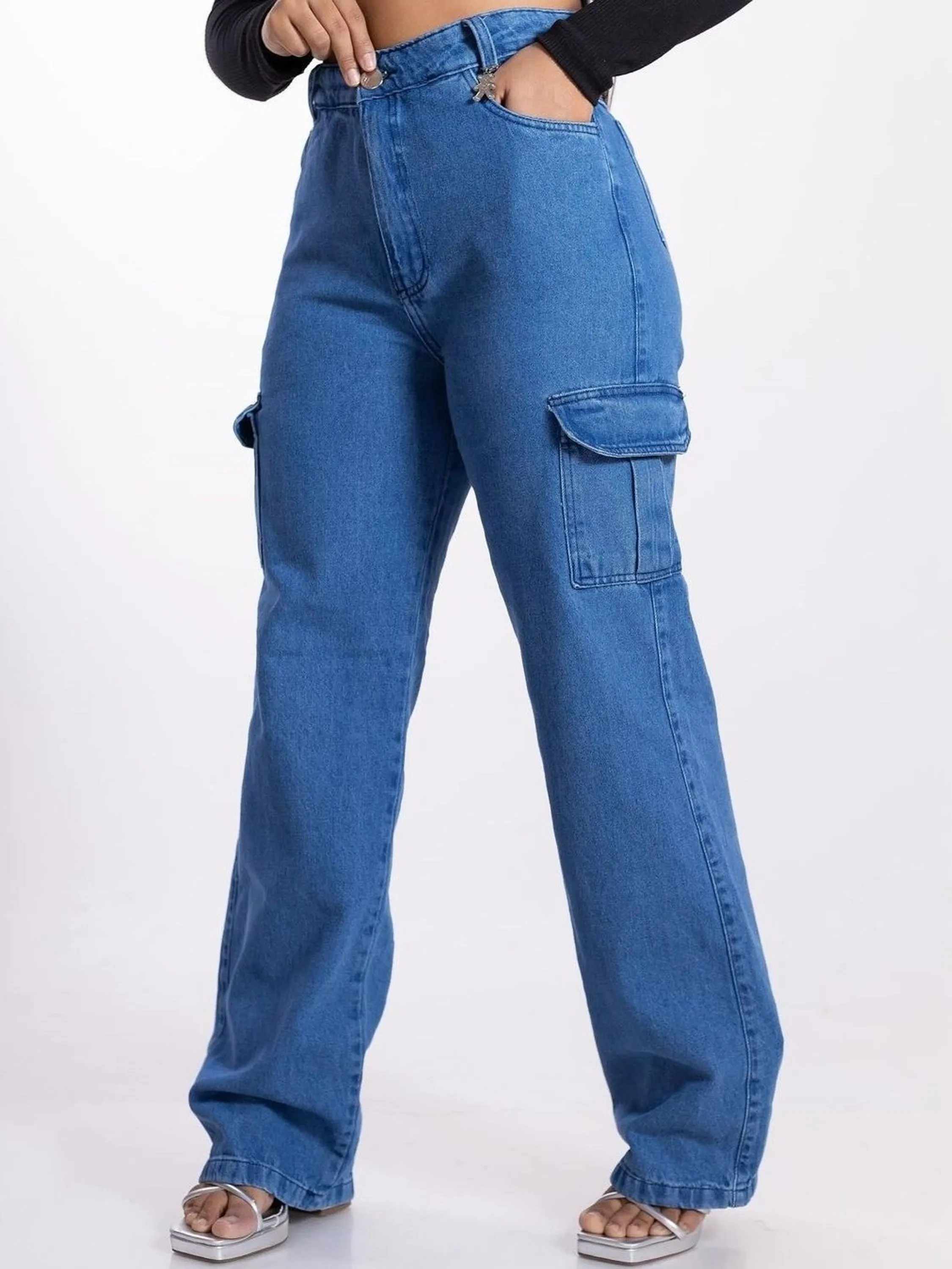 Calça Cargo jeans wide leg  pantalona feminina paul_a_beatri_z_jeans