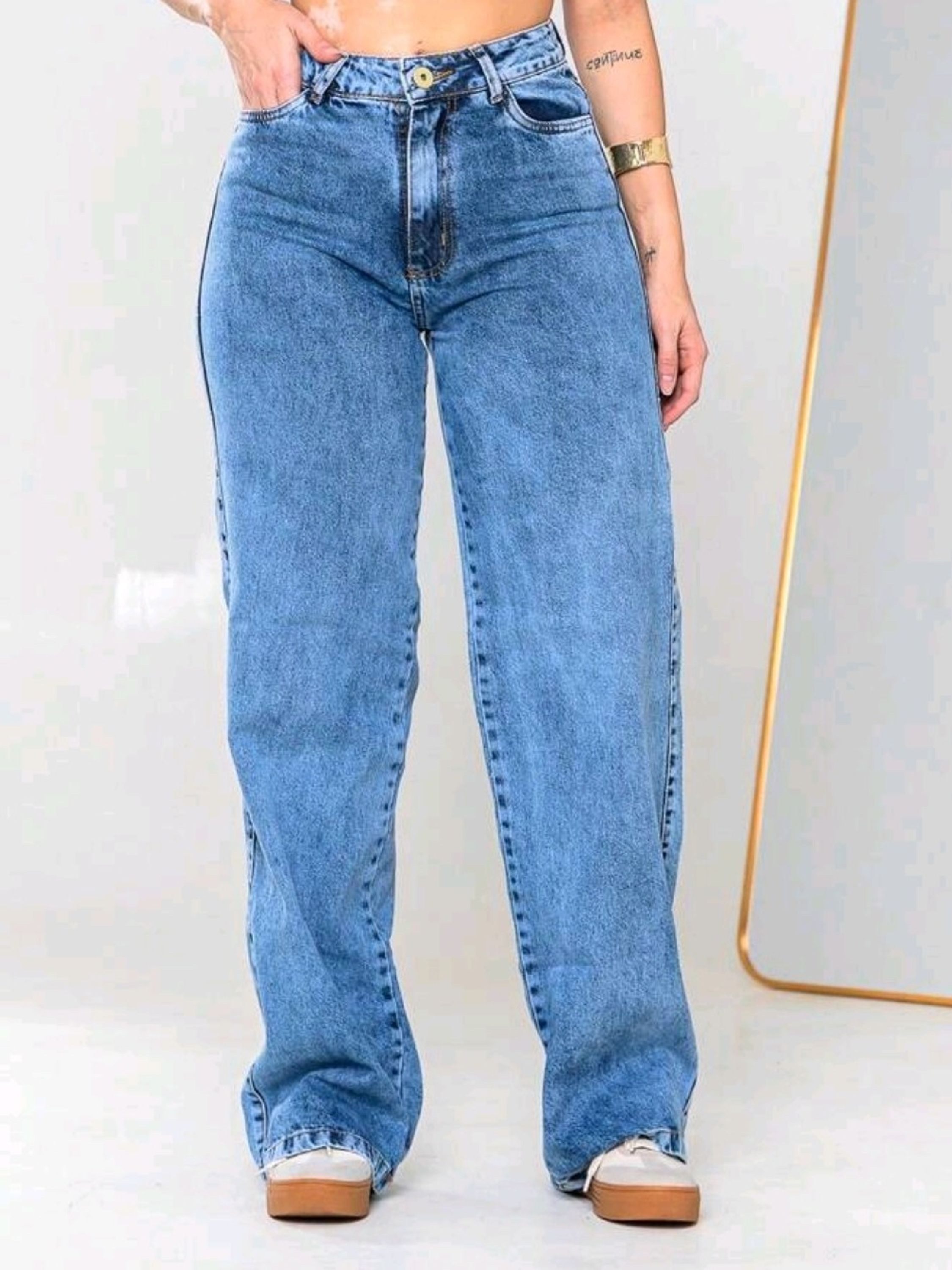 Wide leg jeans marmarizada pantalona feminina