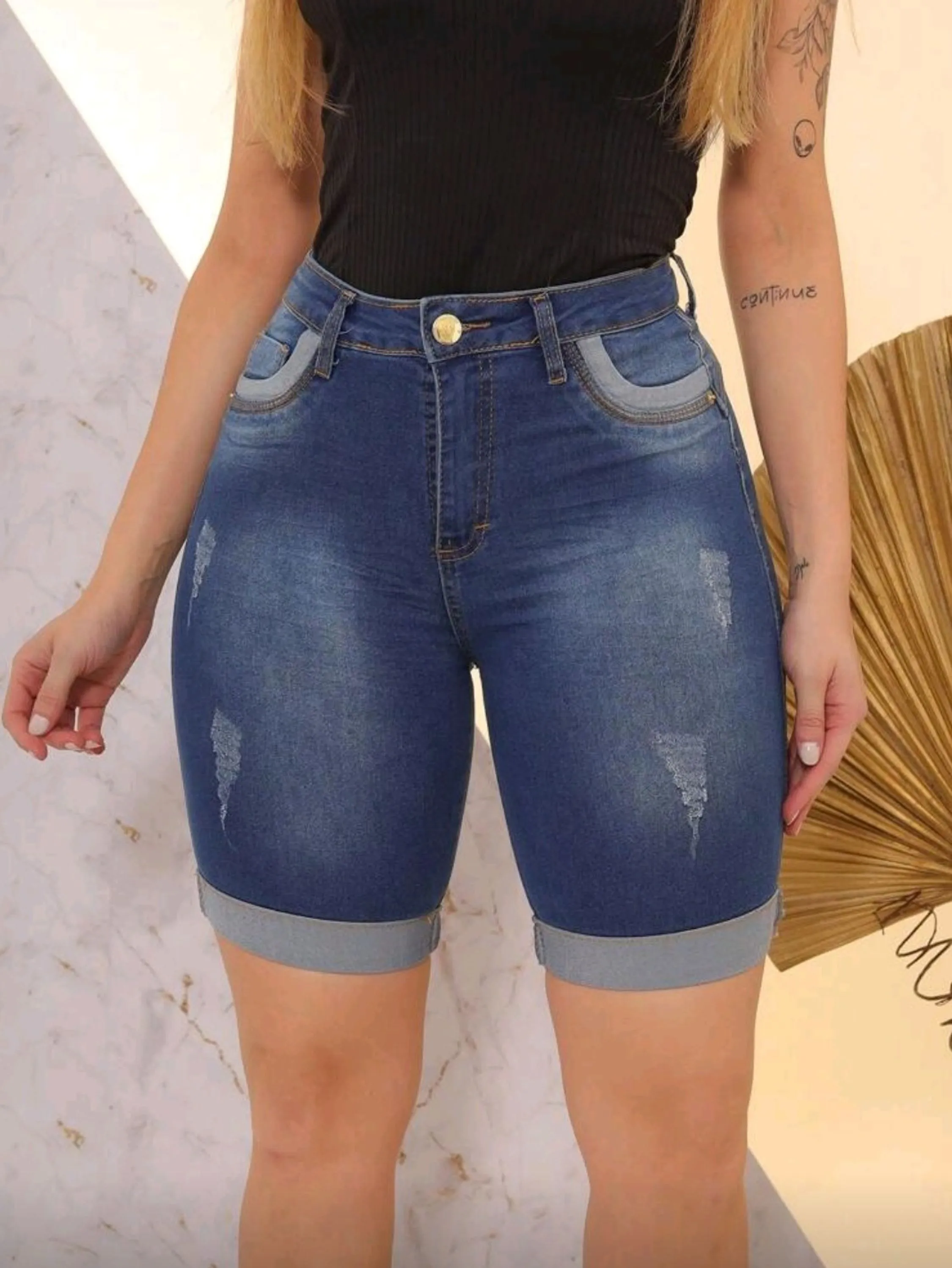 Bermuda jeans feminina com lycra