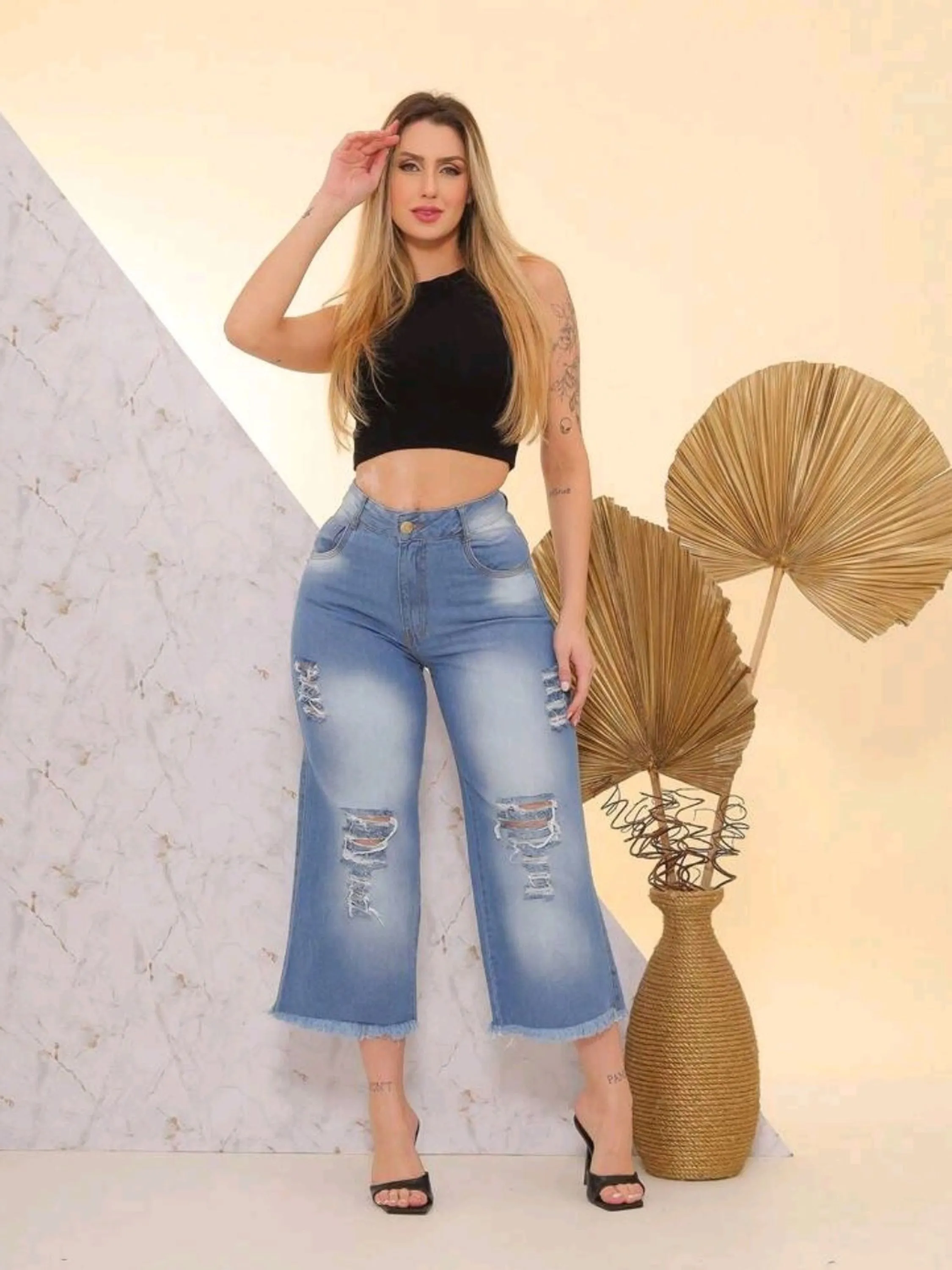 Pantacourt jeans calça wide leg feminina paul_a_beatri_z_jeans