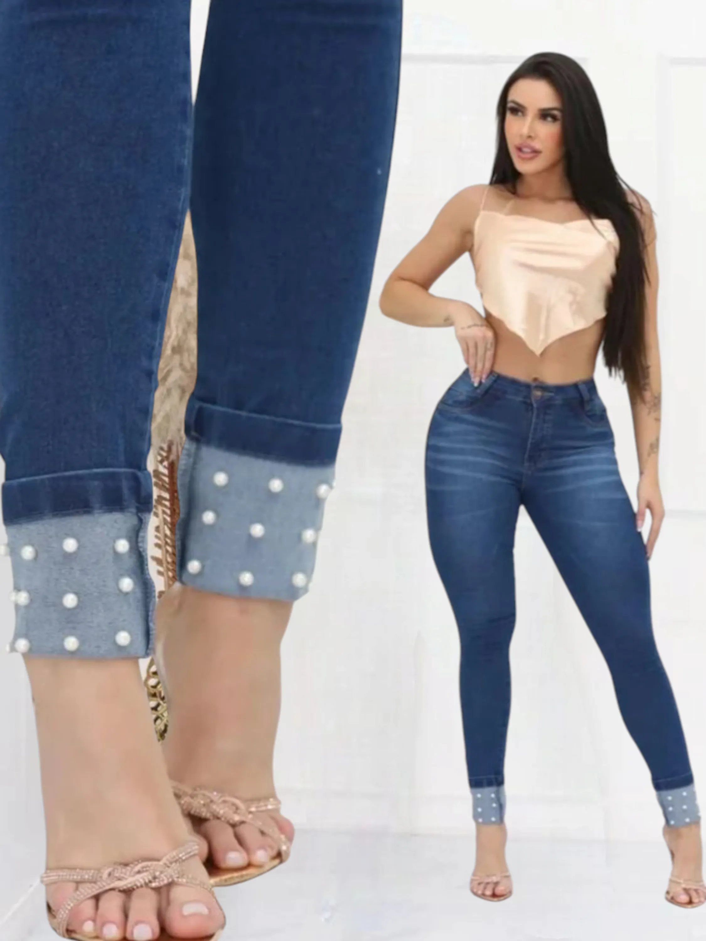 Calça  skinny feminina com Pérola na barra com lycra