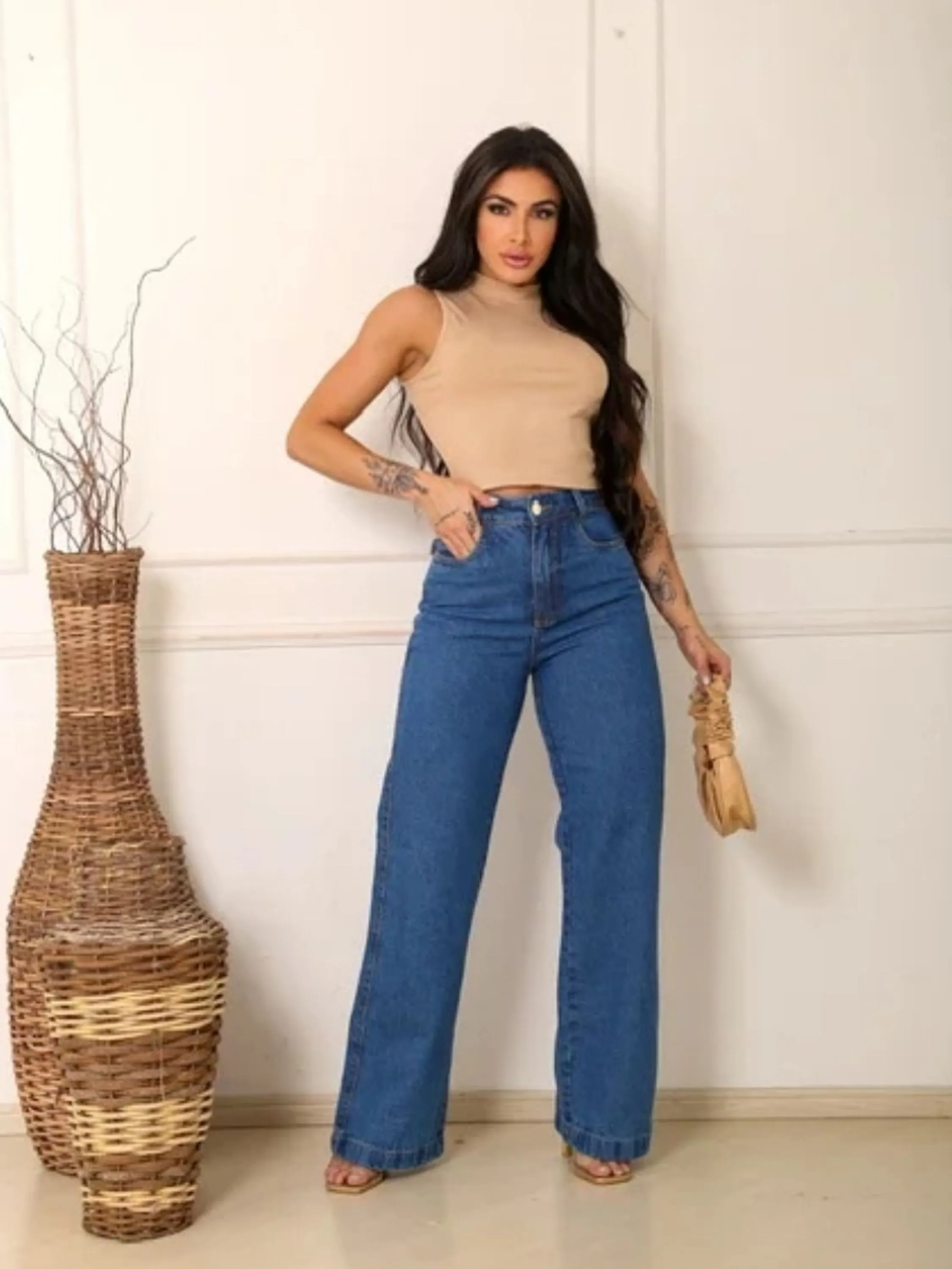 Wide leg jeans pantalona feminina