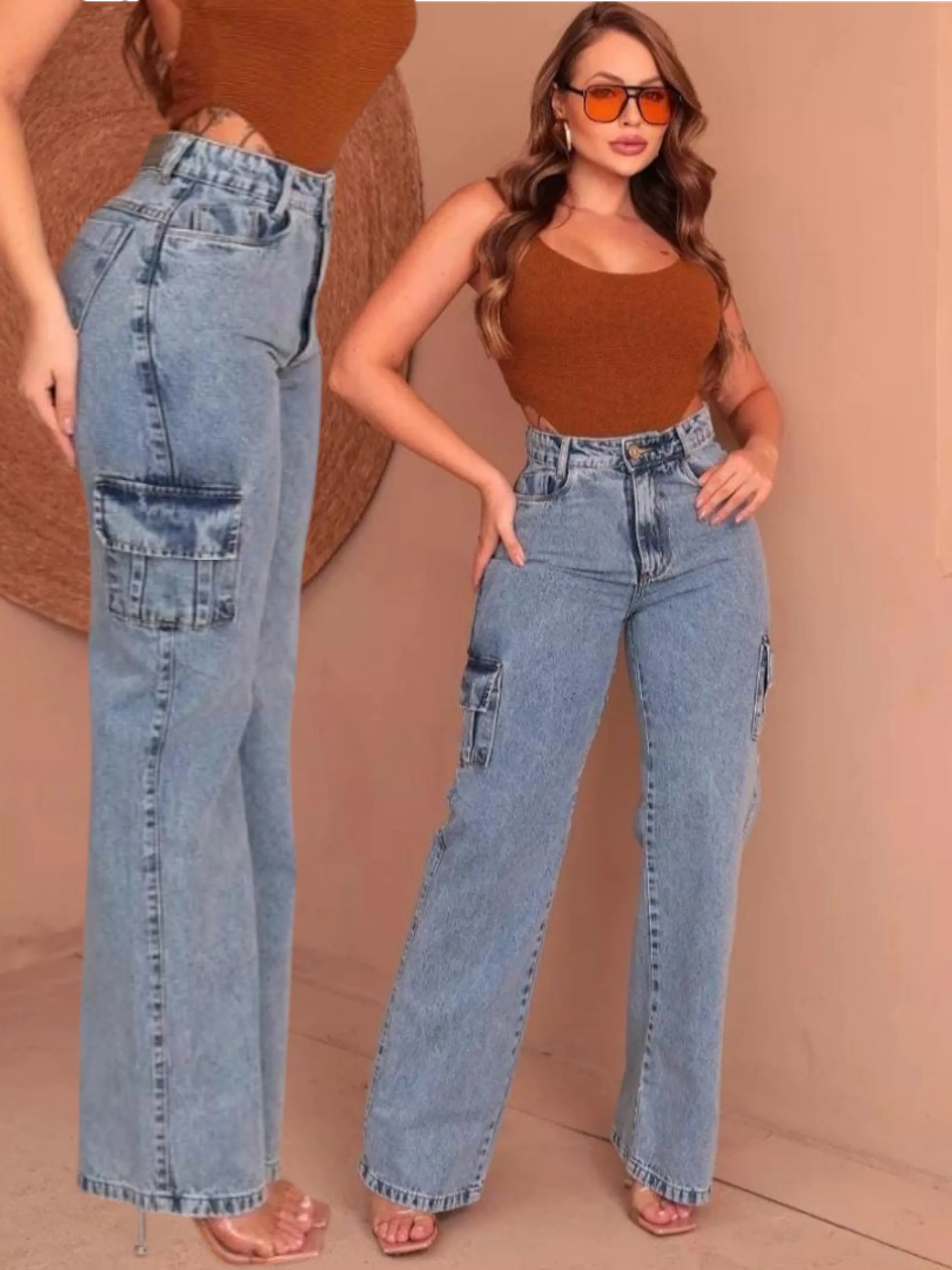 Cargo marmarizada jeans pantalona feminina