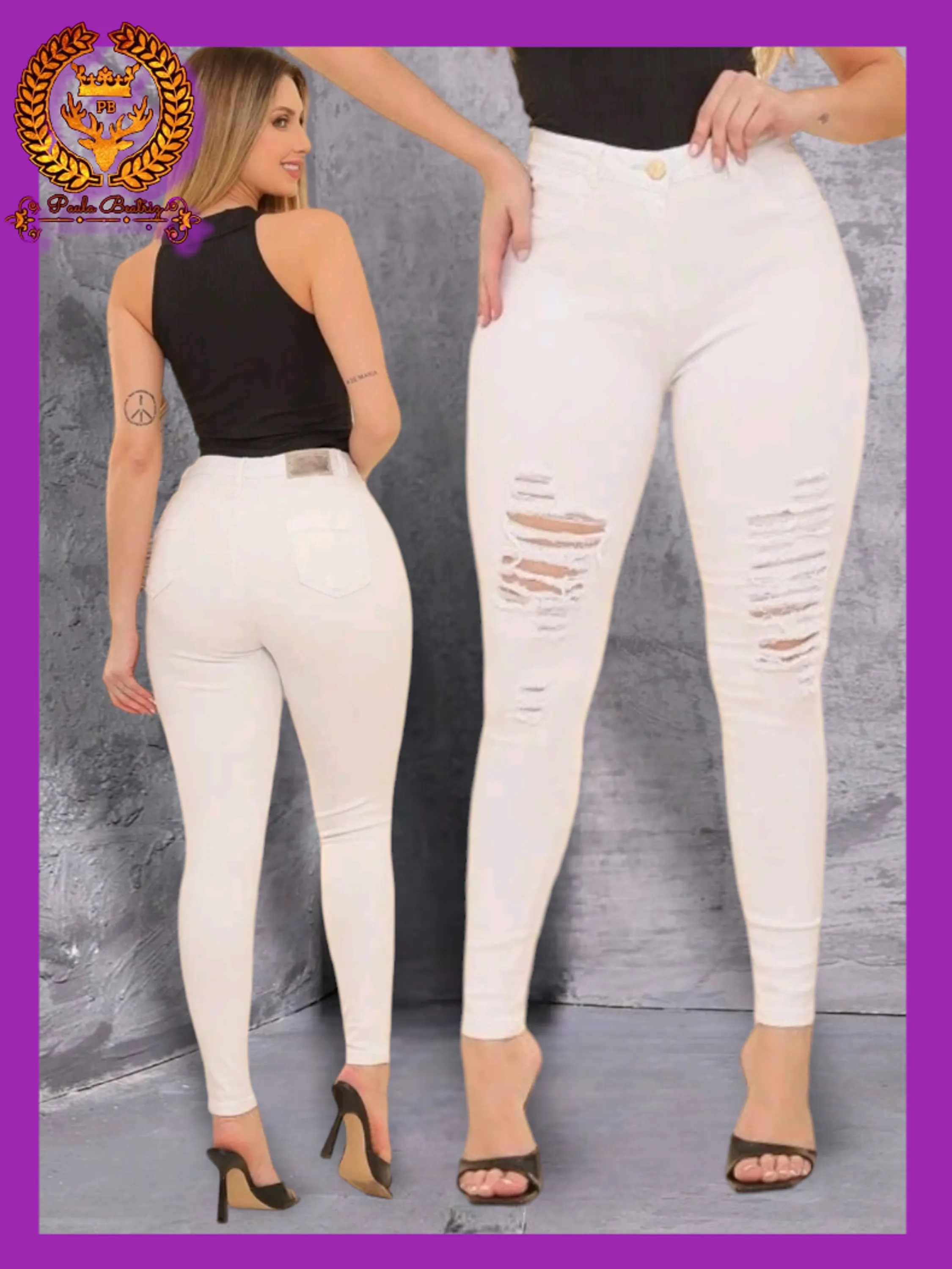 Calça branca jeans rasgada skinny feminina paul_a_beatri_z_jeans