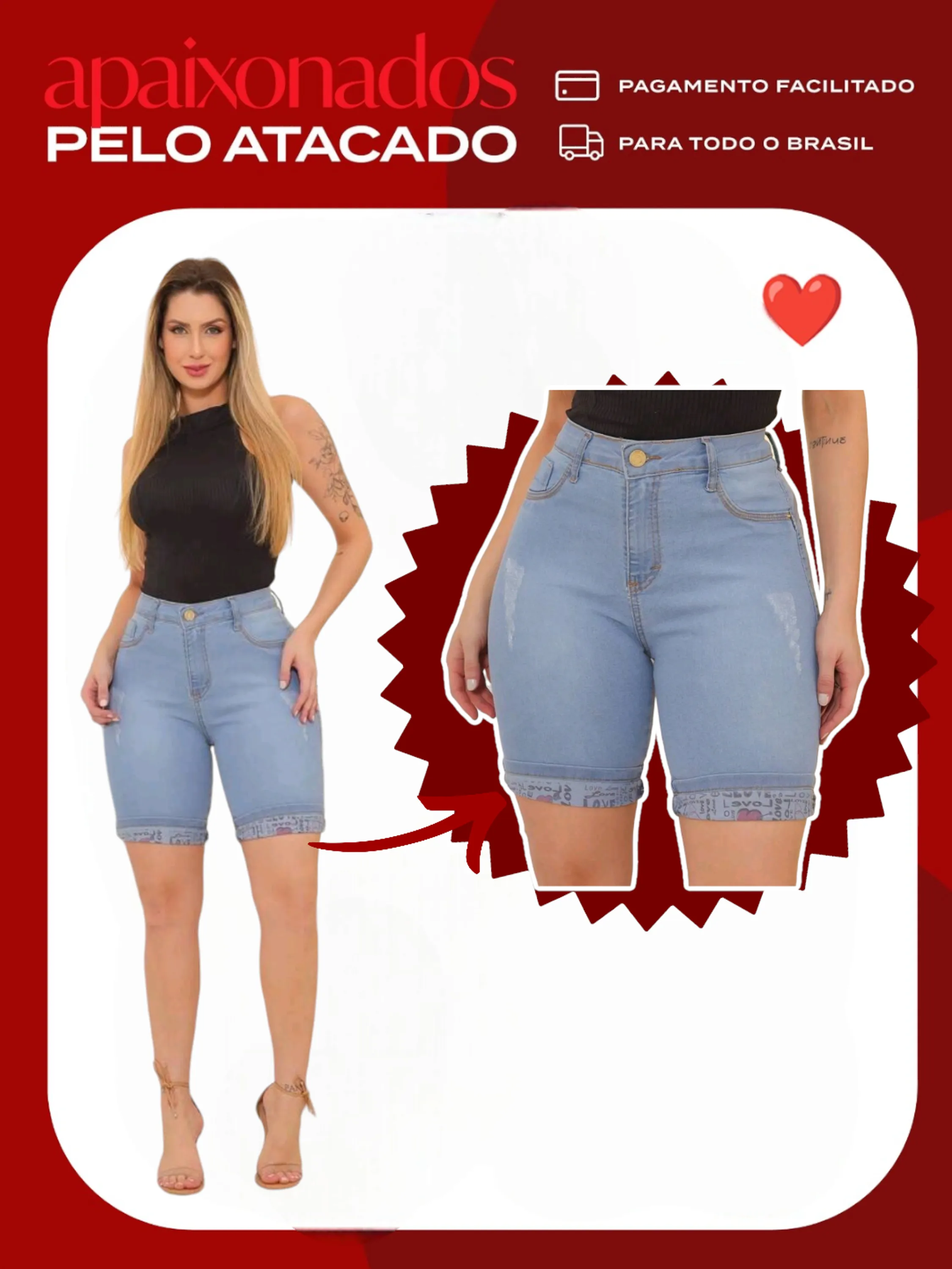 Bermuda jeans (barra love ) short feminina paul_a_beatri_z_jeans