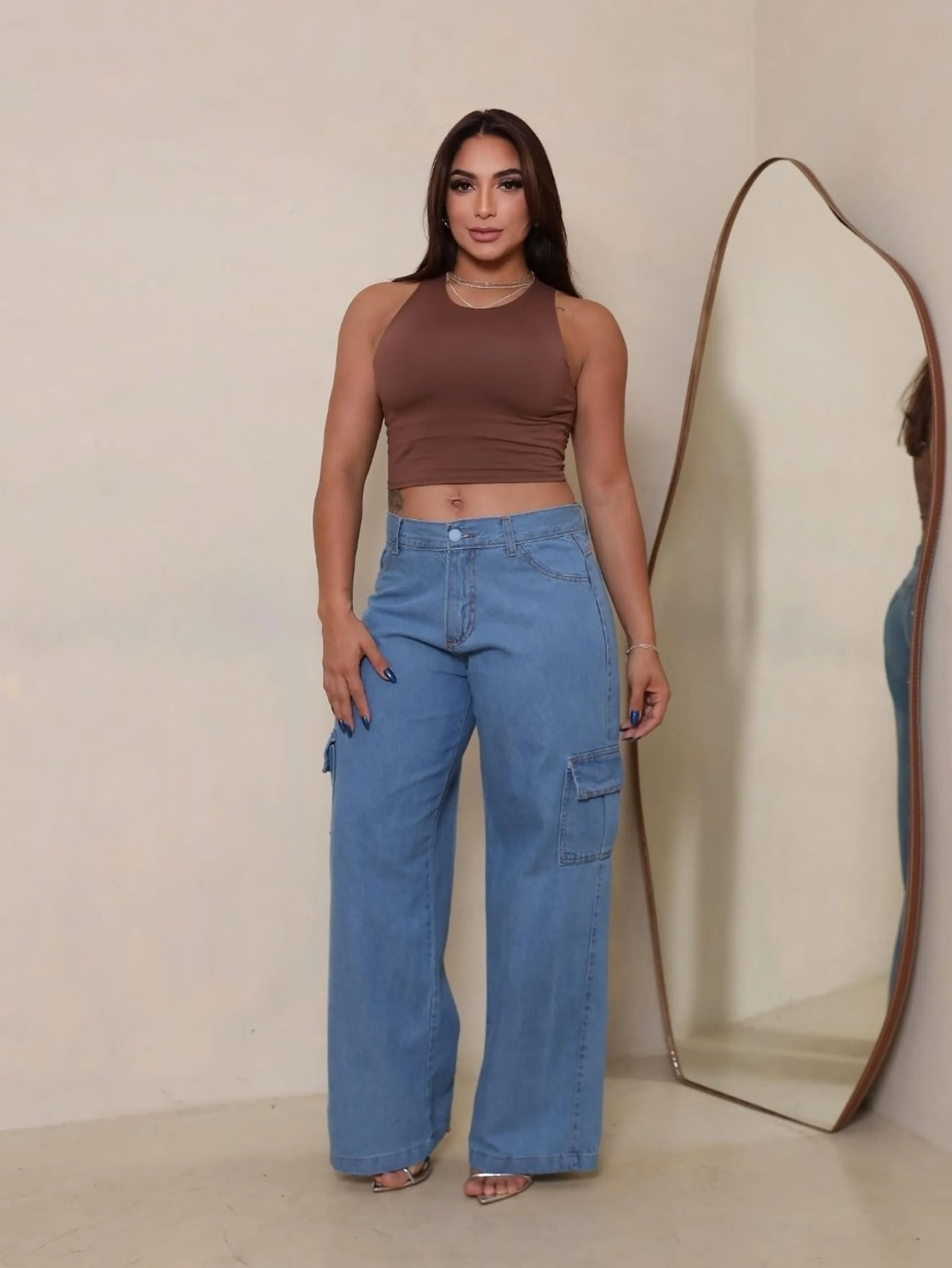 Cargo jeans wide leg pantalona feminina
