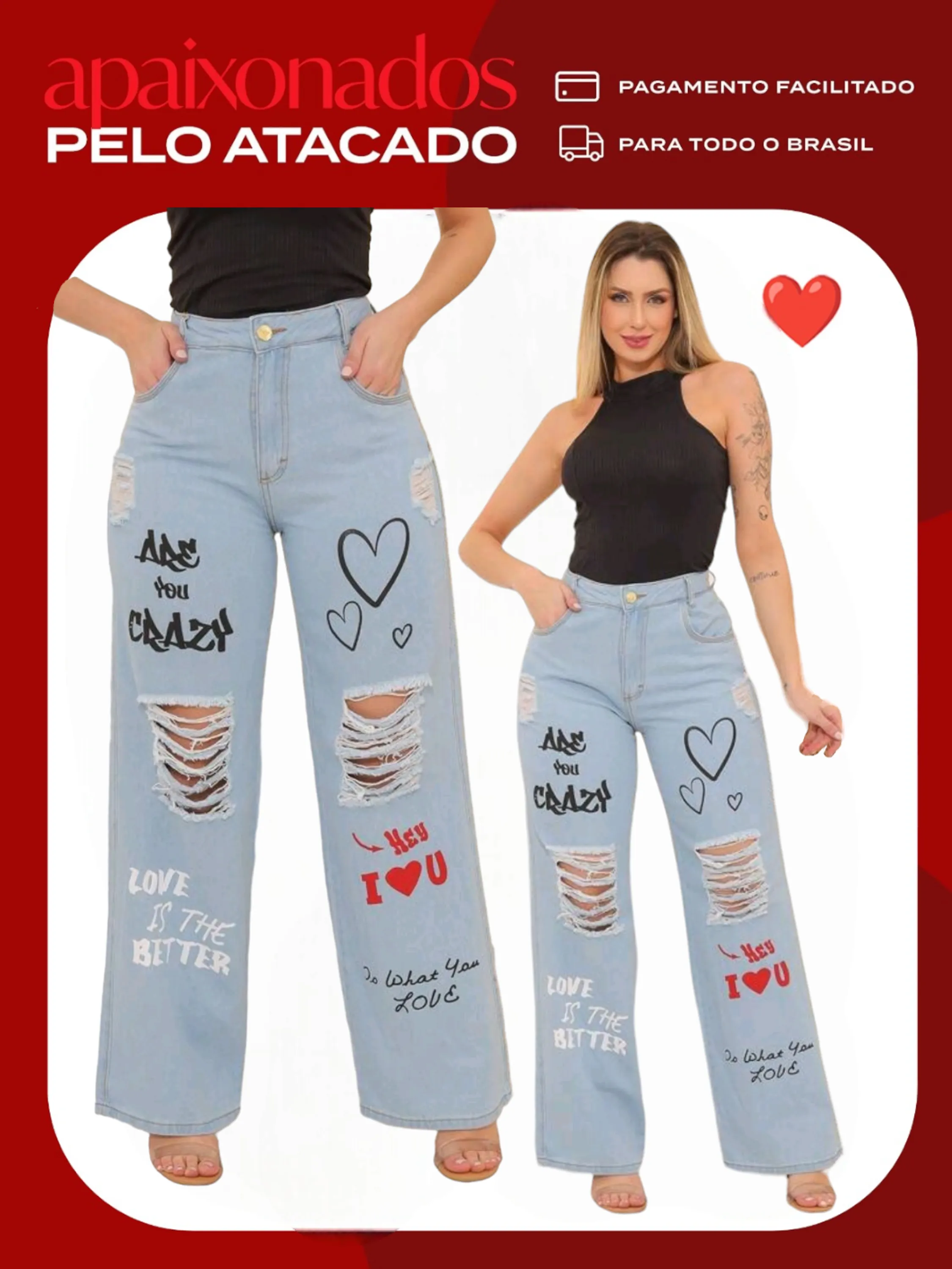 Wide leg jeans pantalona feminina estampada