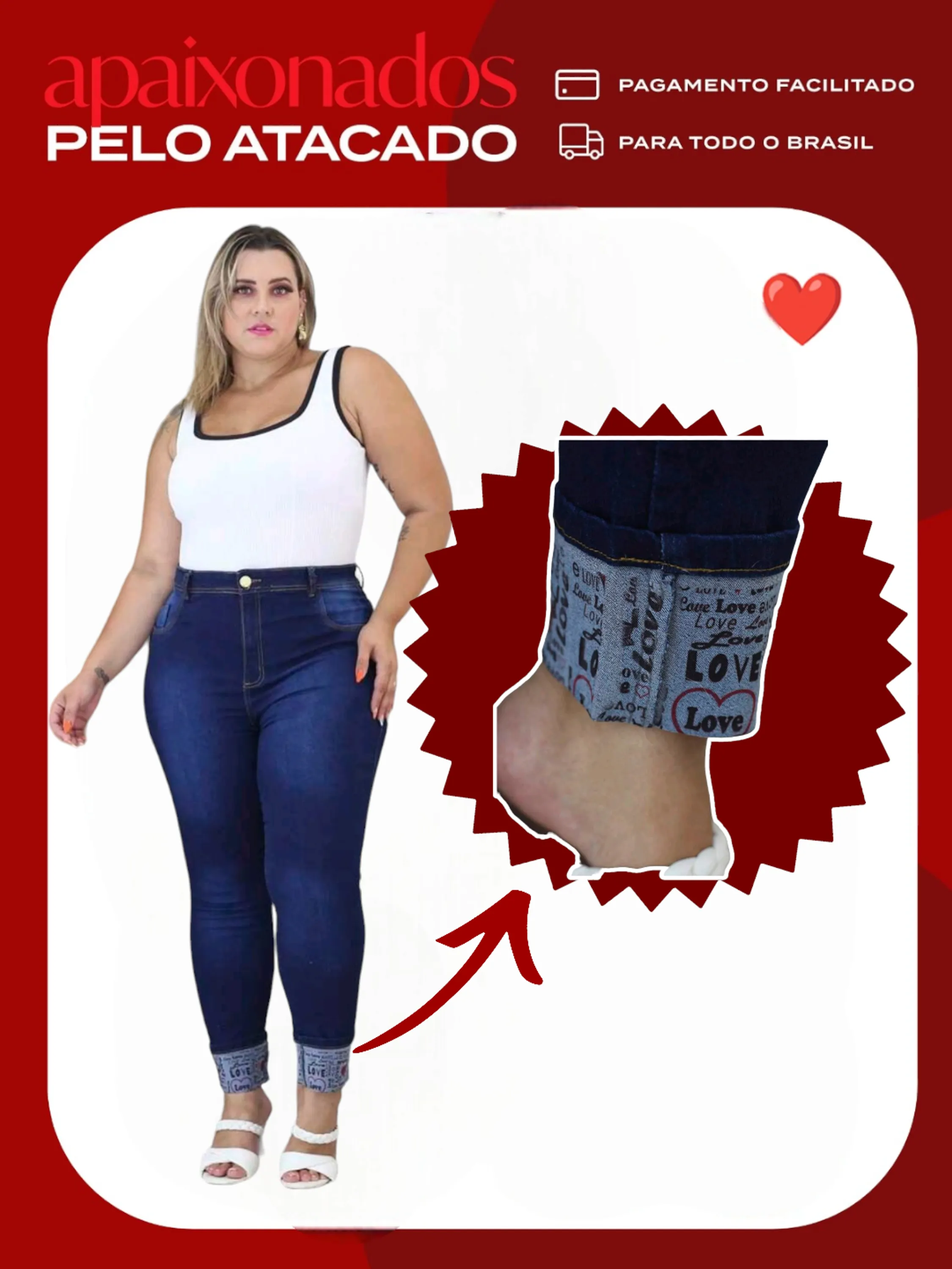 Calça plus size  jeans  skinny feminina ( barra love)paul_a_beatri_z_jeans