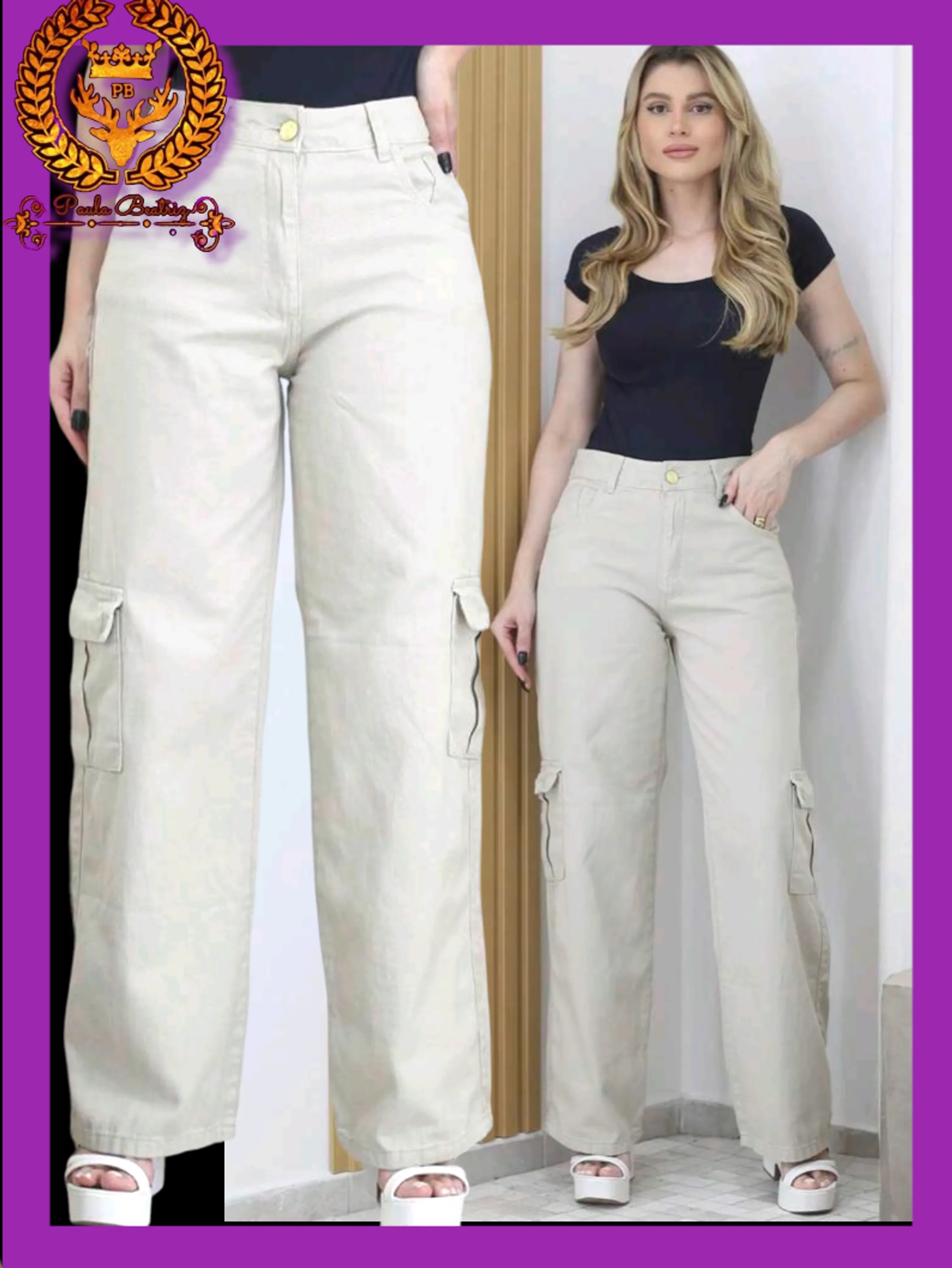 Calça wide leg cargo jeans pantalona feminina paul_a_beatri_z_jeans