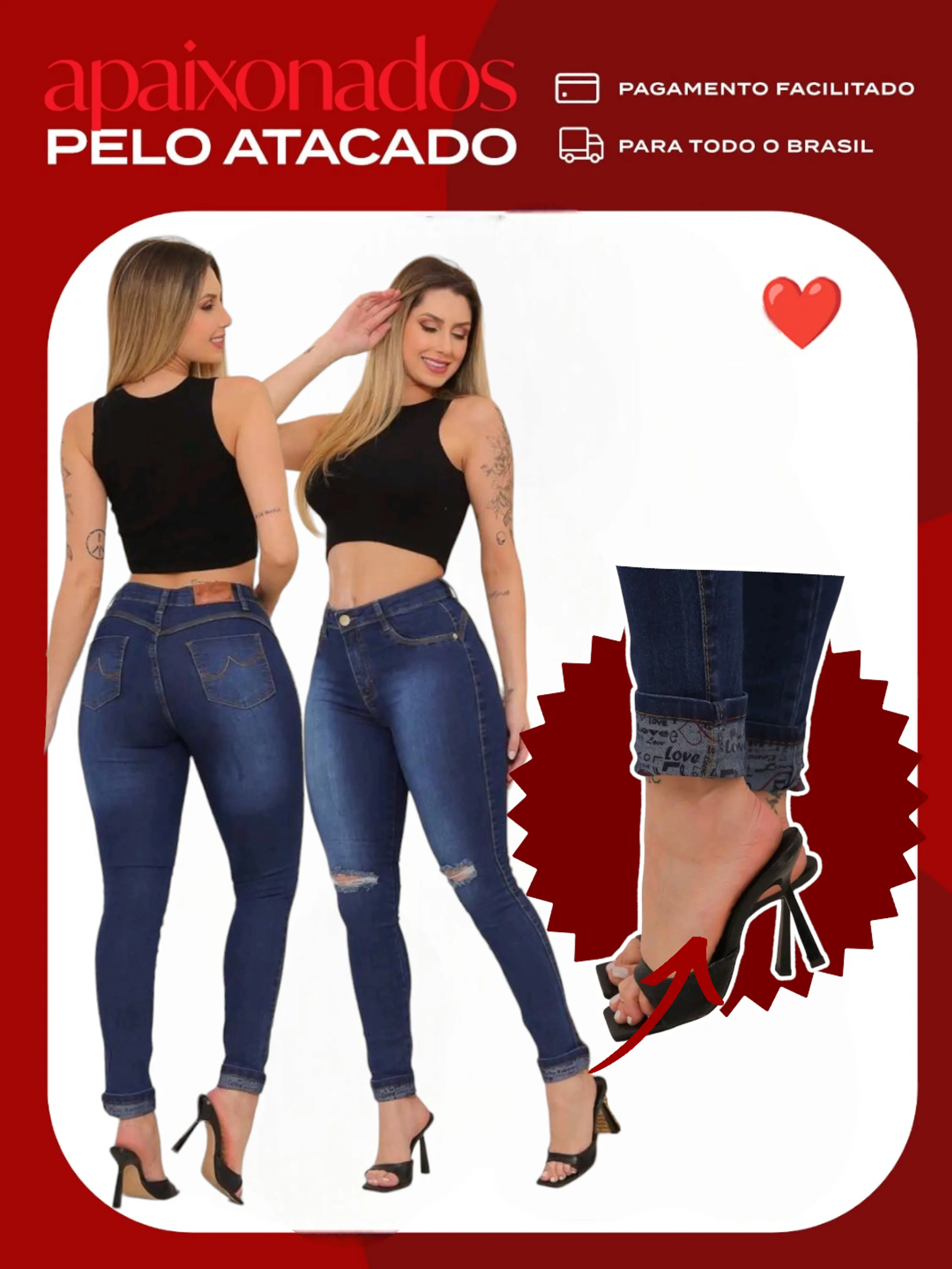 Calça jeans skinny feminina( barra love)paul_a_beatri_z_jeans