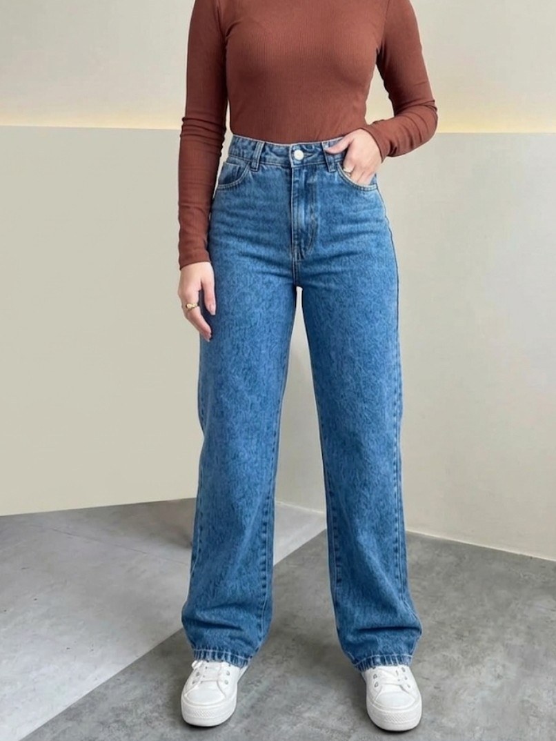 Calça wide leg marmarizada jeans pantalona feminina