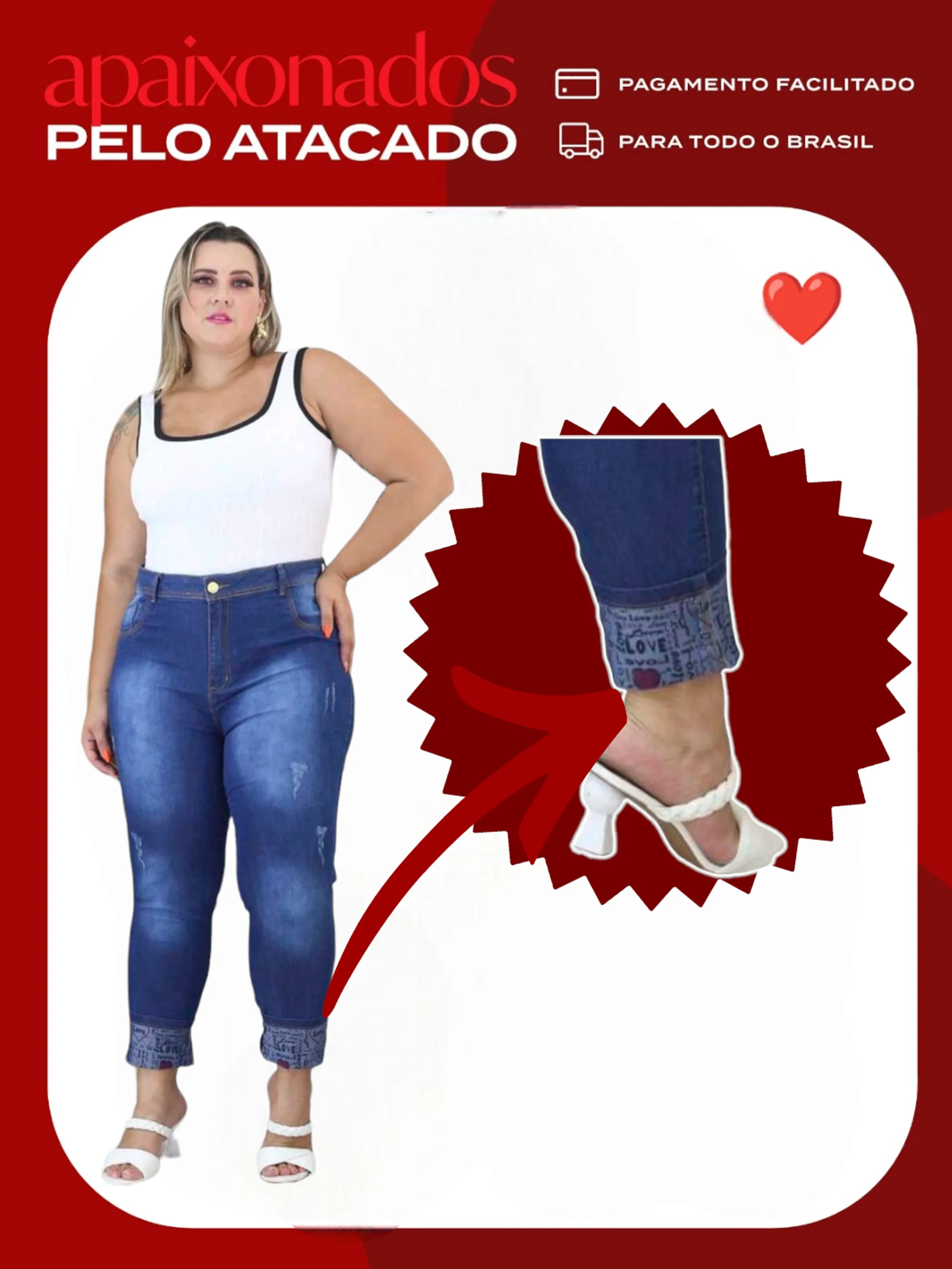 Calça plus size  jeans  skinny feminina ( barra love)paul_a_beatri_z_jeans