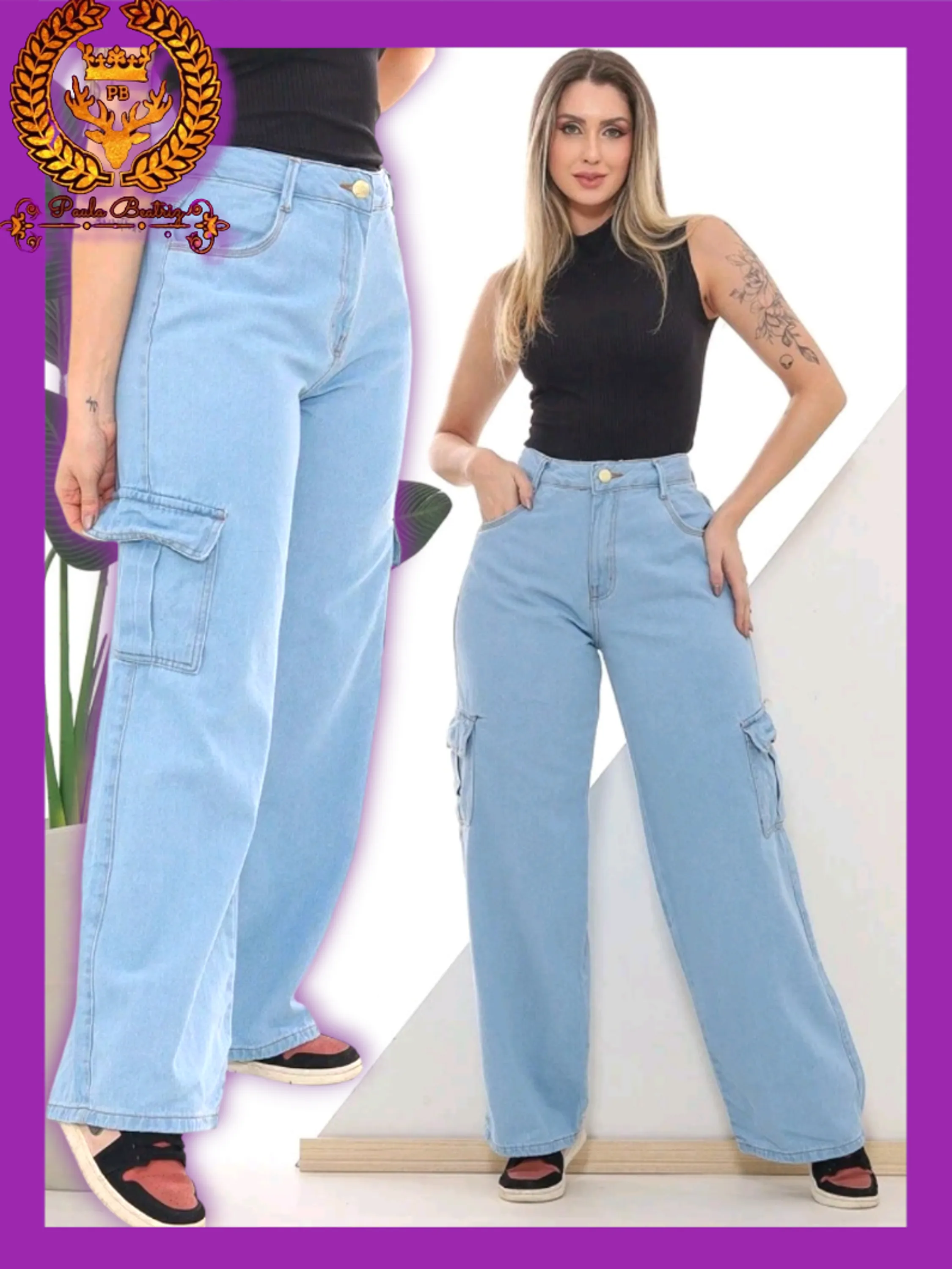 Calça cargo wide leg jeans pantalona feminina paul_a_beatri_z_jeans