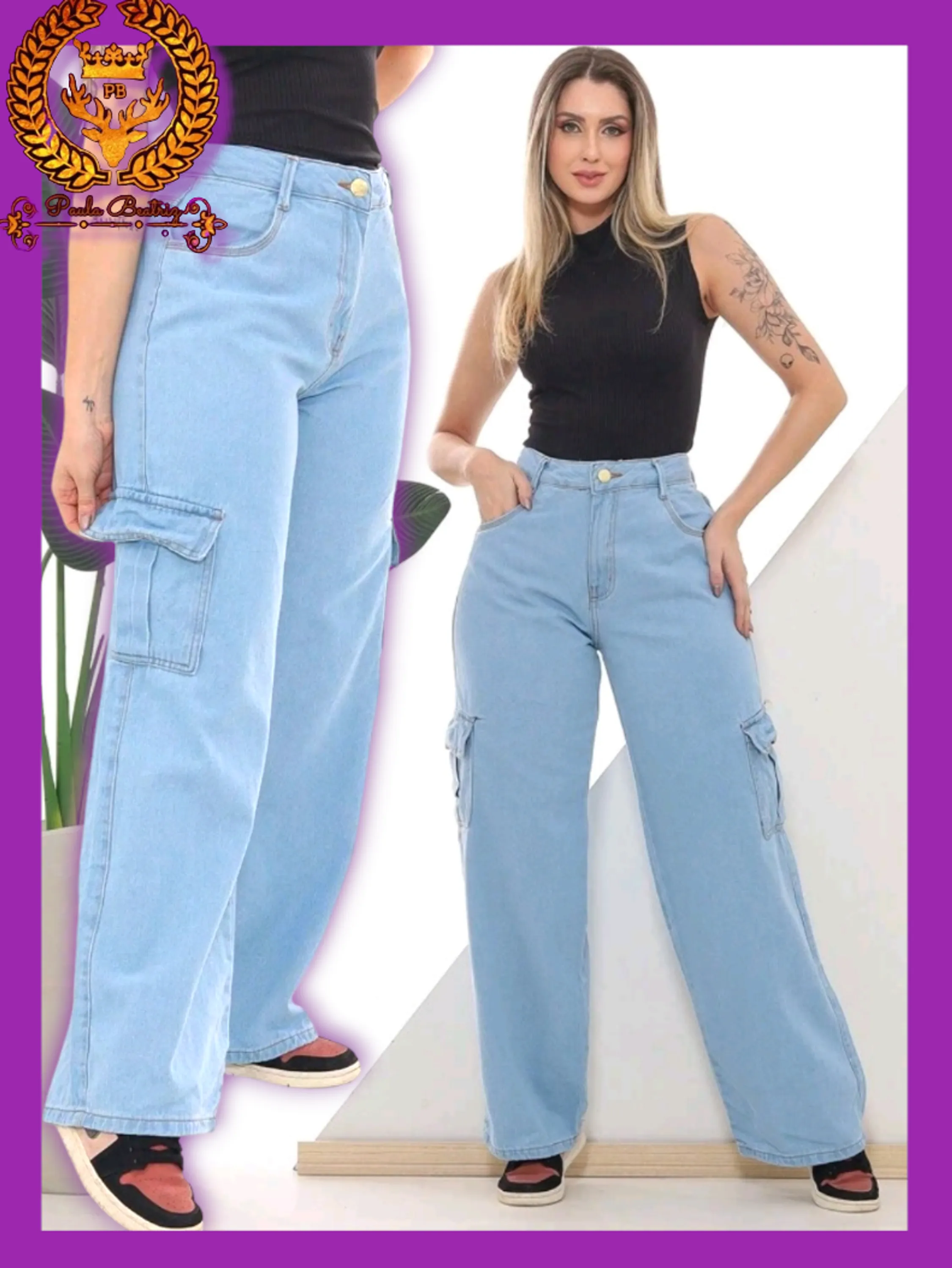 Calça cargo wide leg jeans pantalona feminina paul_a_beatri_z_jeans