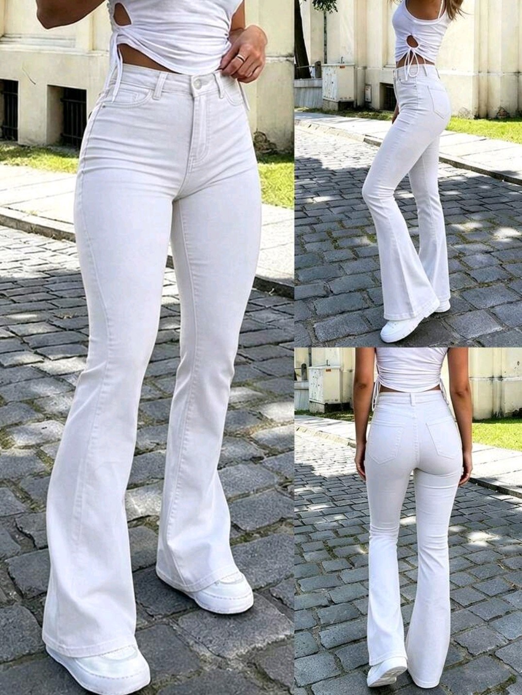 Calça flare jeans feminina cor branca