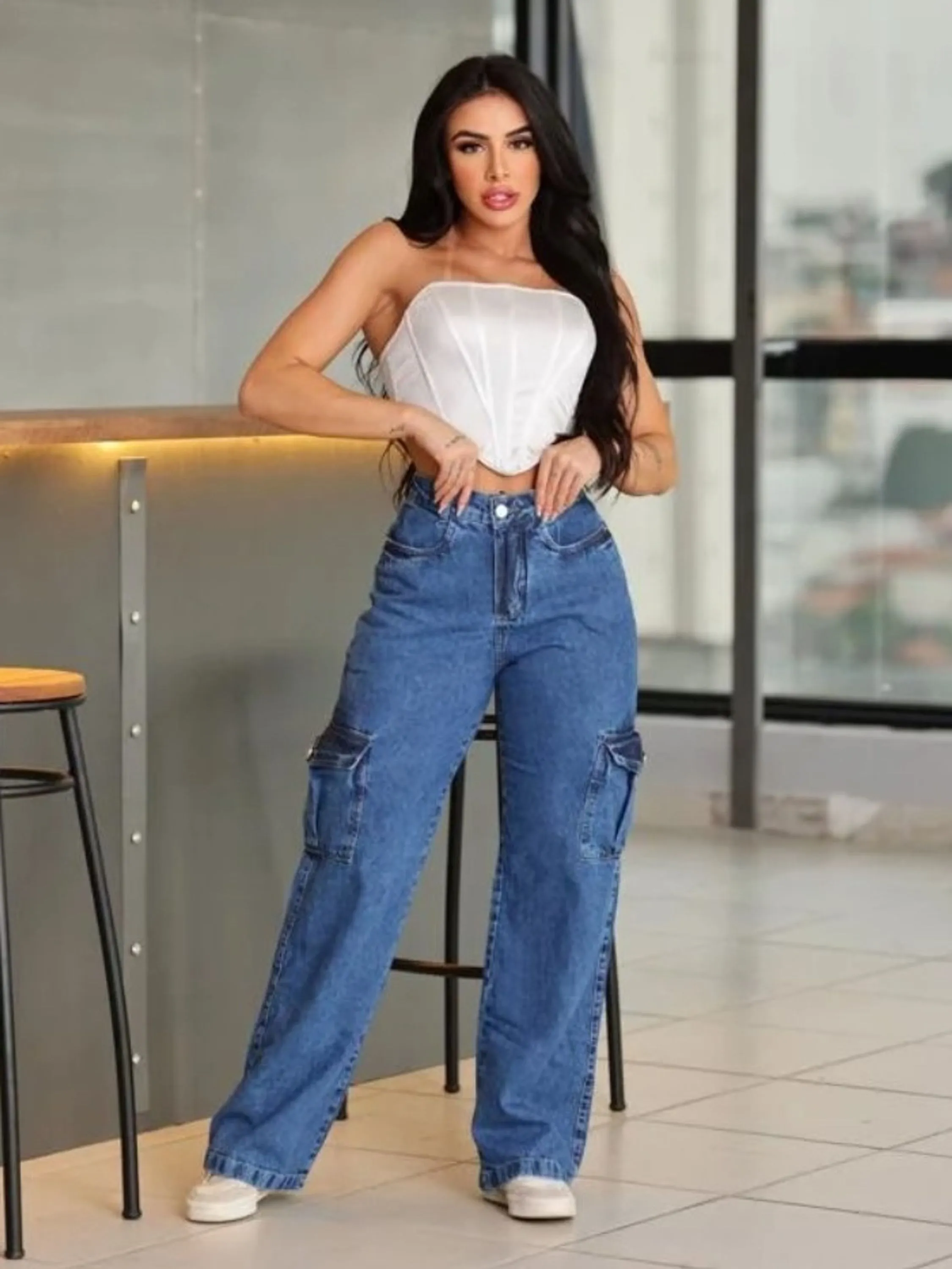 Cargo marmarizada jeans pantalona feminina 🩵💙