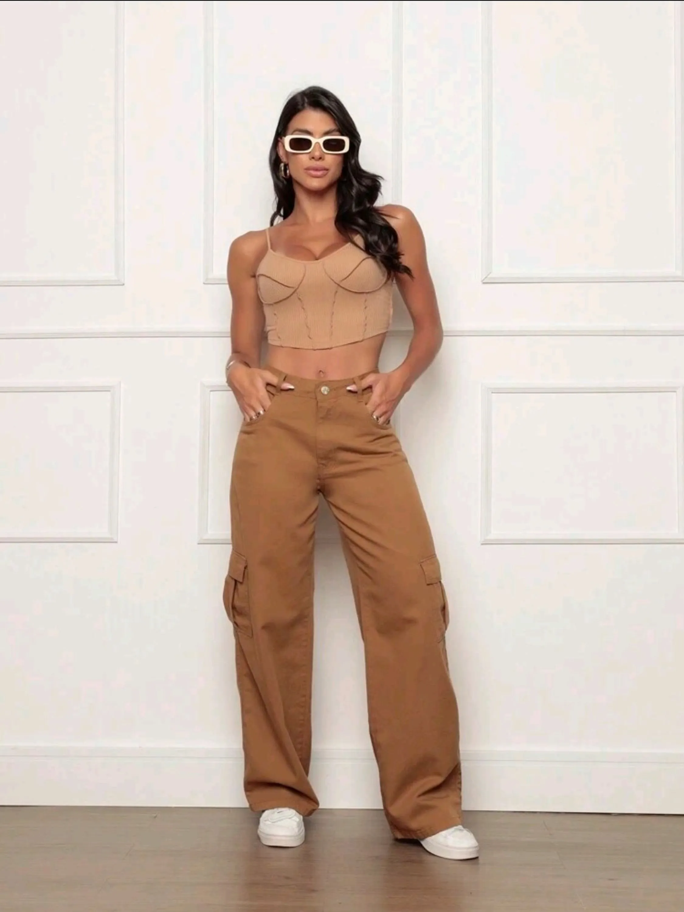 Calça cargo  wide leg jeans caramel pantalona feminina paul_a_beatri_z_jeans