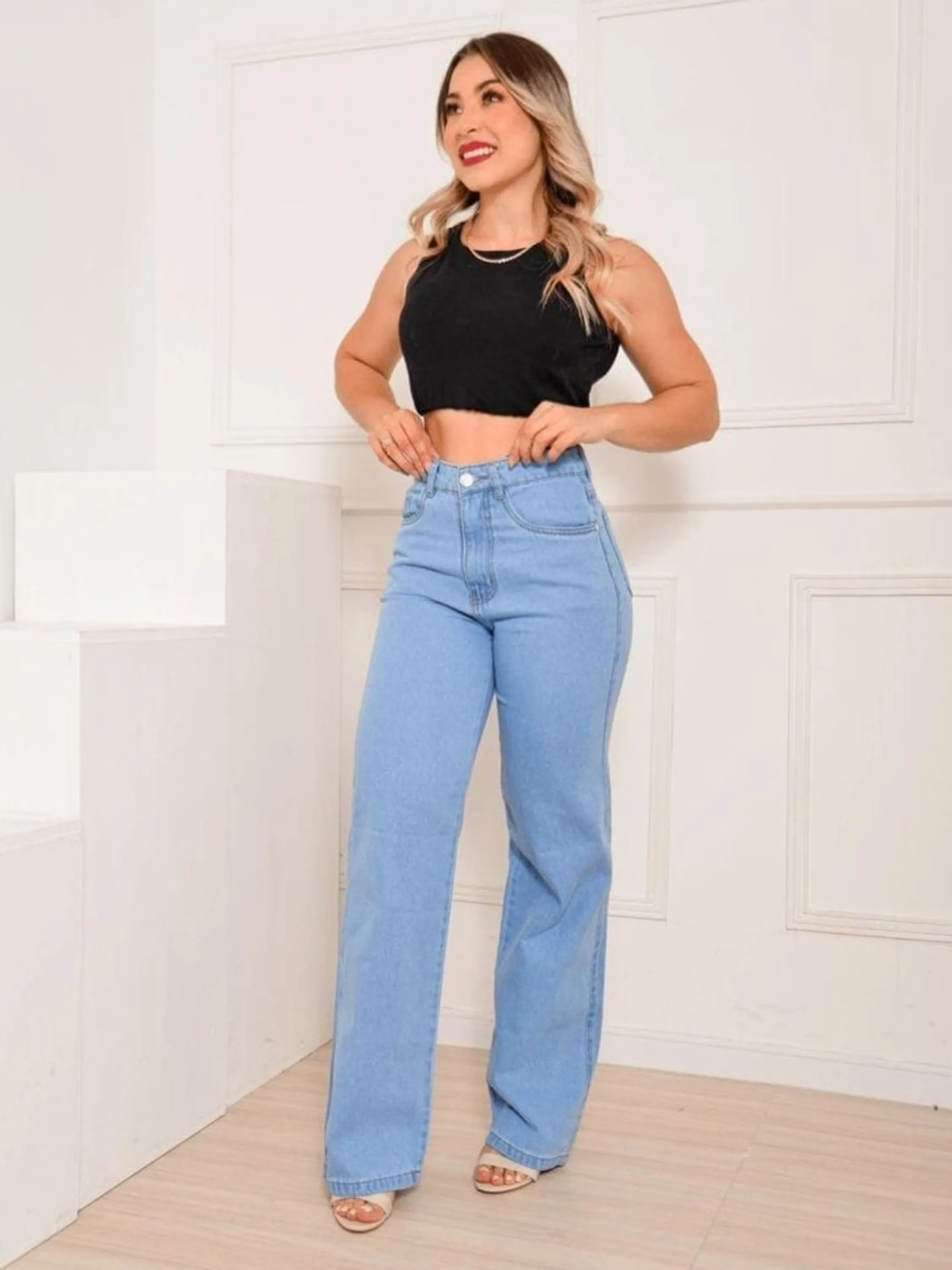 Wide leg jeans pantalona feminina