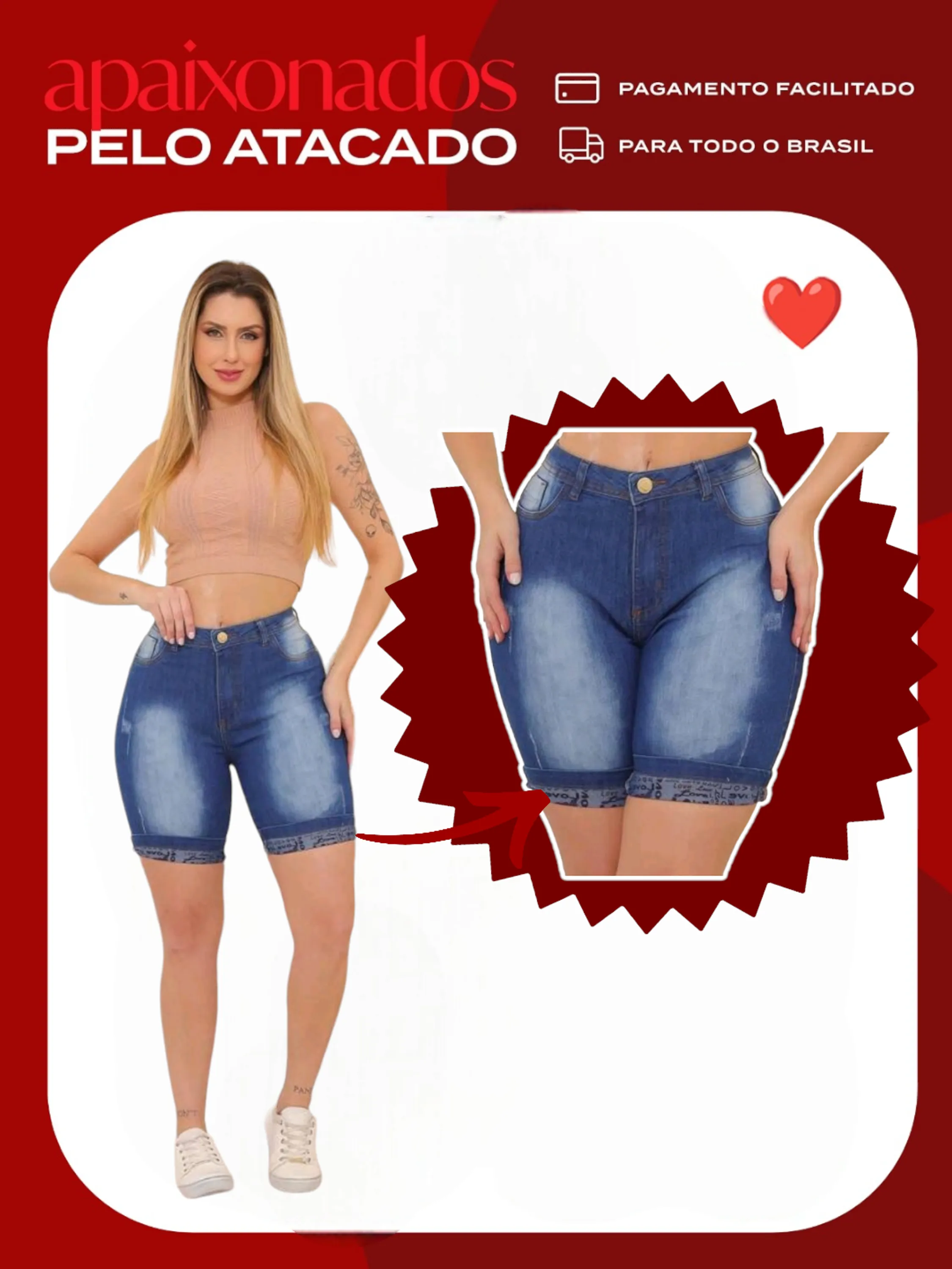 Bermuda jeans (barra love ) short feminina paul_a_beatri_z_jeans