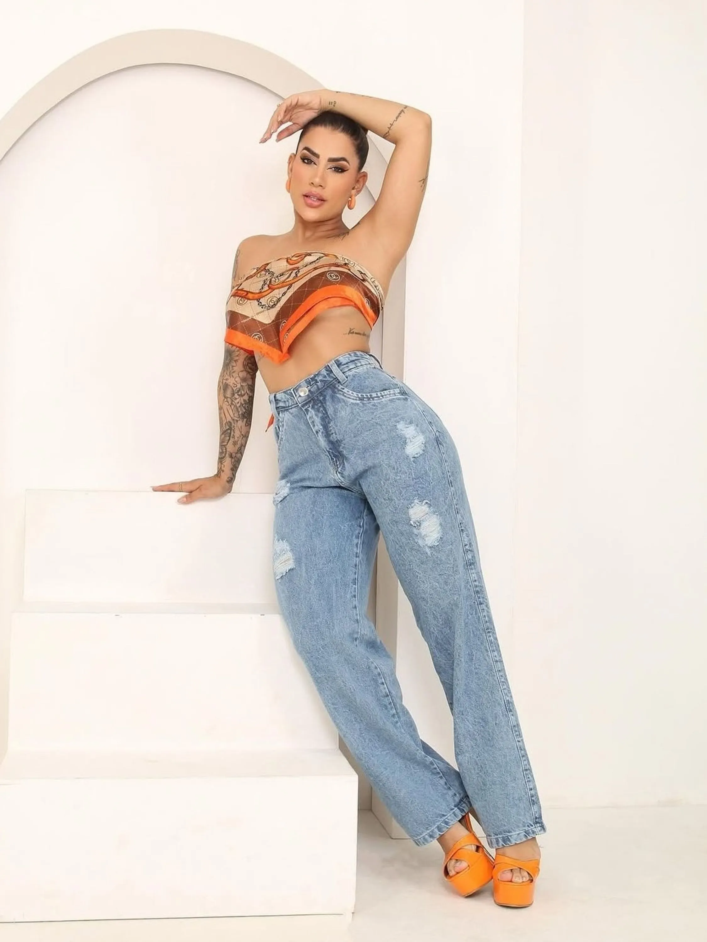 Wide leg marmarizada jeans pantalona feminina