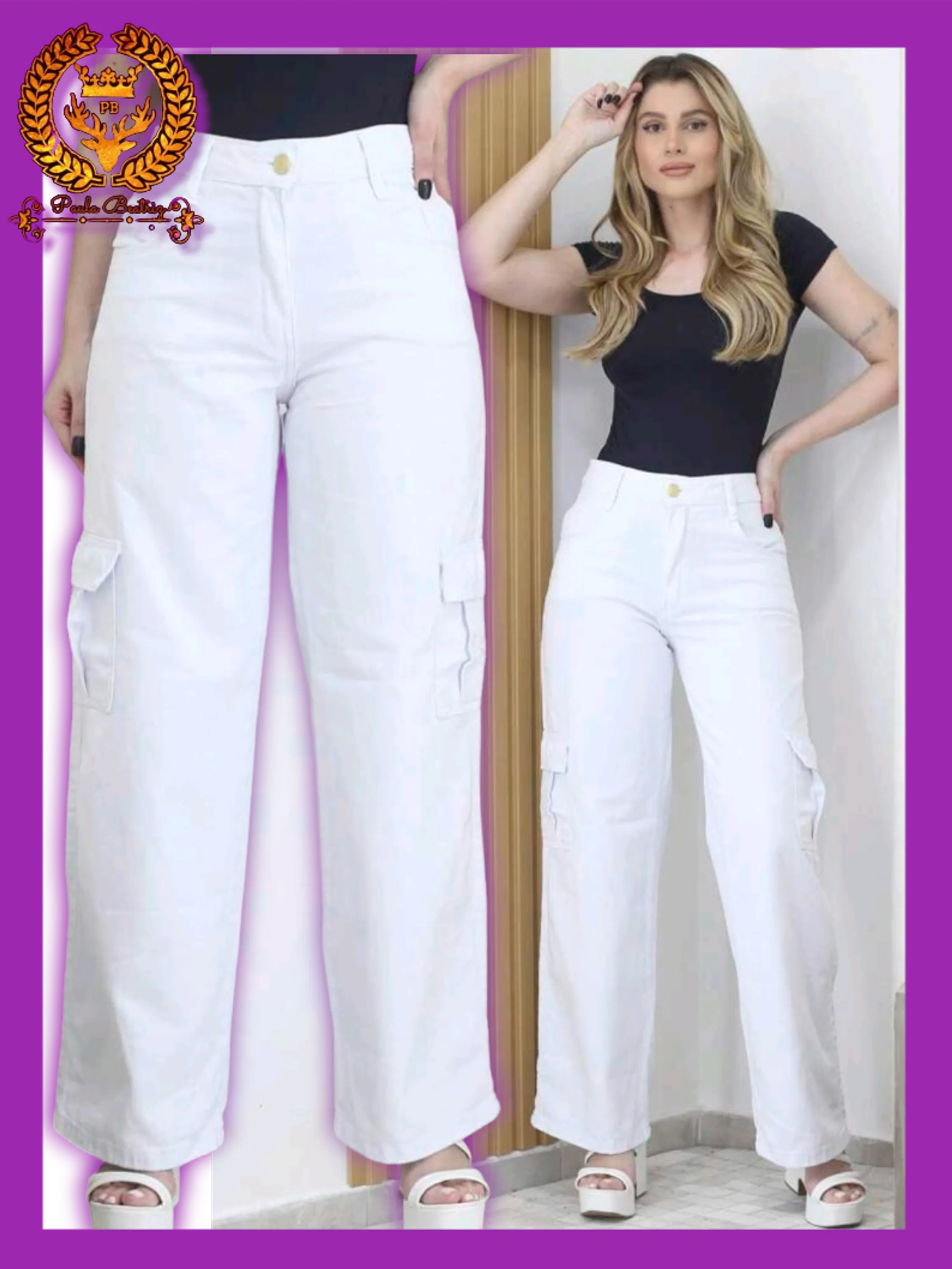 Calça cargo wide leg jeans pantalona feminina paul_a_beatri_z_jeans