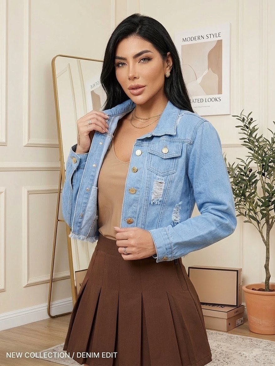 Jaqueta Jeans Feminina curta Destroyed Lavagem Clara
