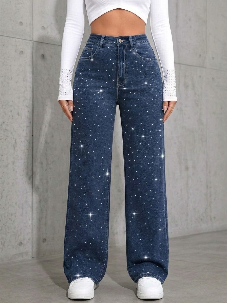 Calça jeans wide leg com brilho