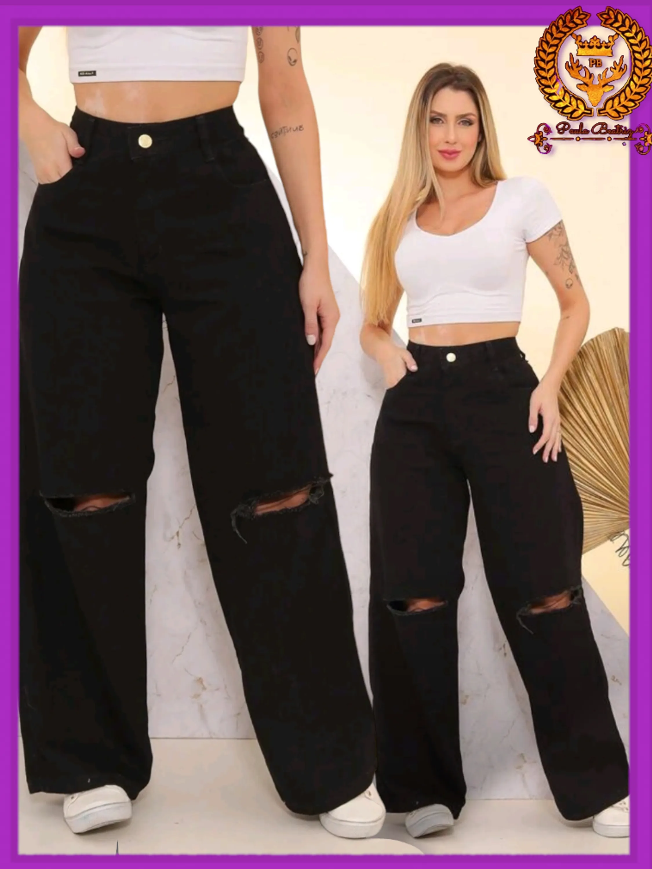 Wide leg preta calça jeans black rasgada no joelho pantalona feminina wide leg paul_a_beatri_z_jeans