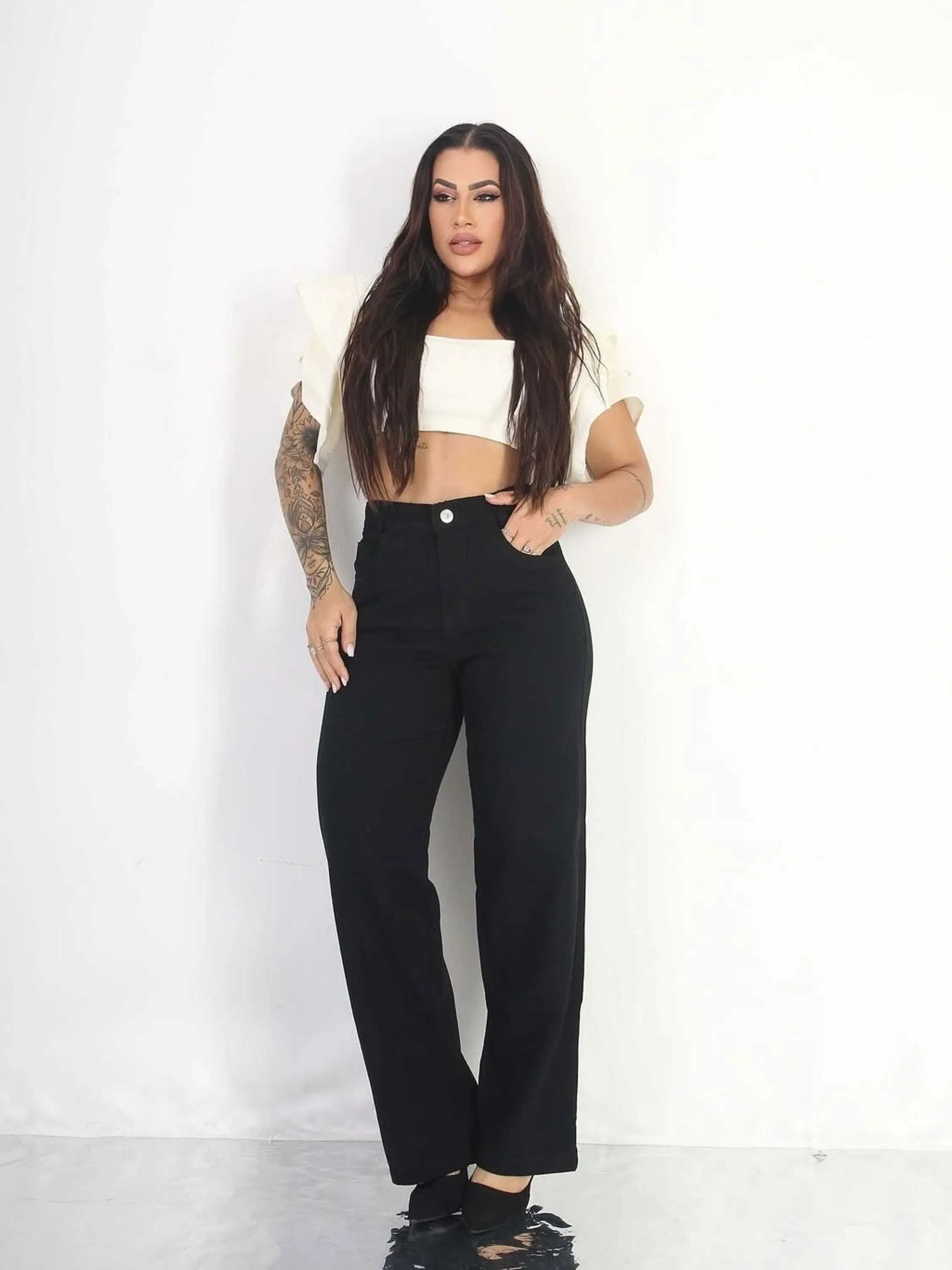 Wide leg preta pantalona jeans feminina