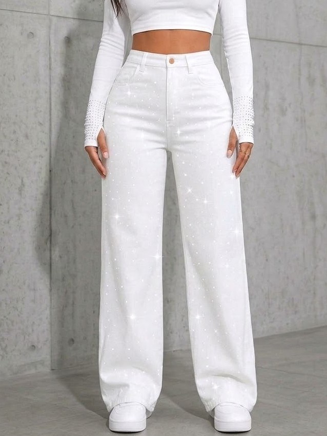 Wide leg com brilho calça jeans feminina cor branca