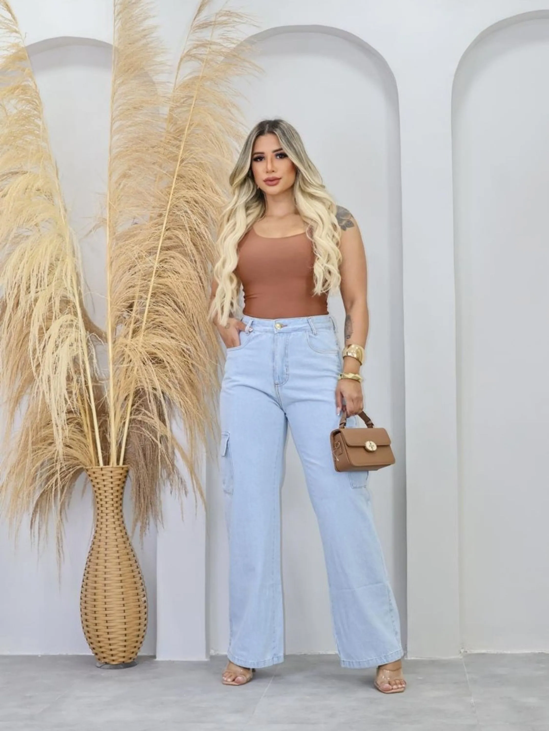 Calça Cargo jeans pantalona wide leg feminina