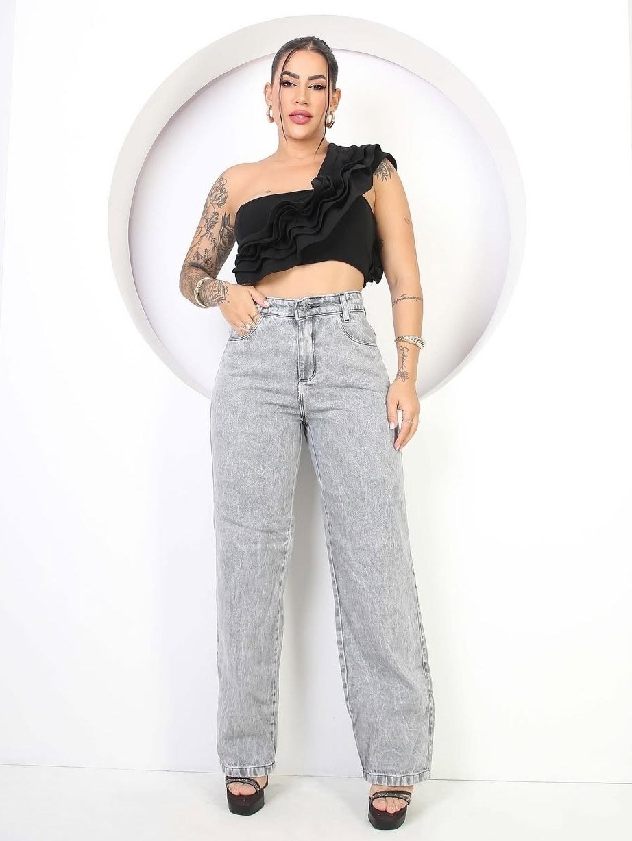 Wide leg jeans grafite Moda blogueira