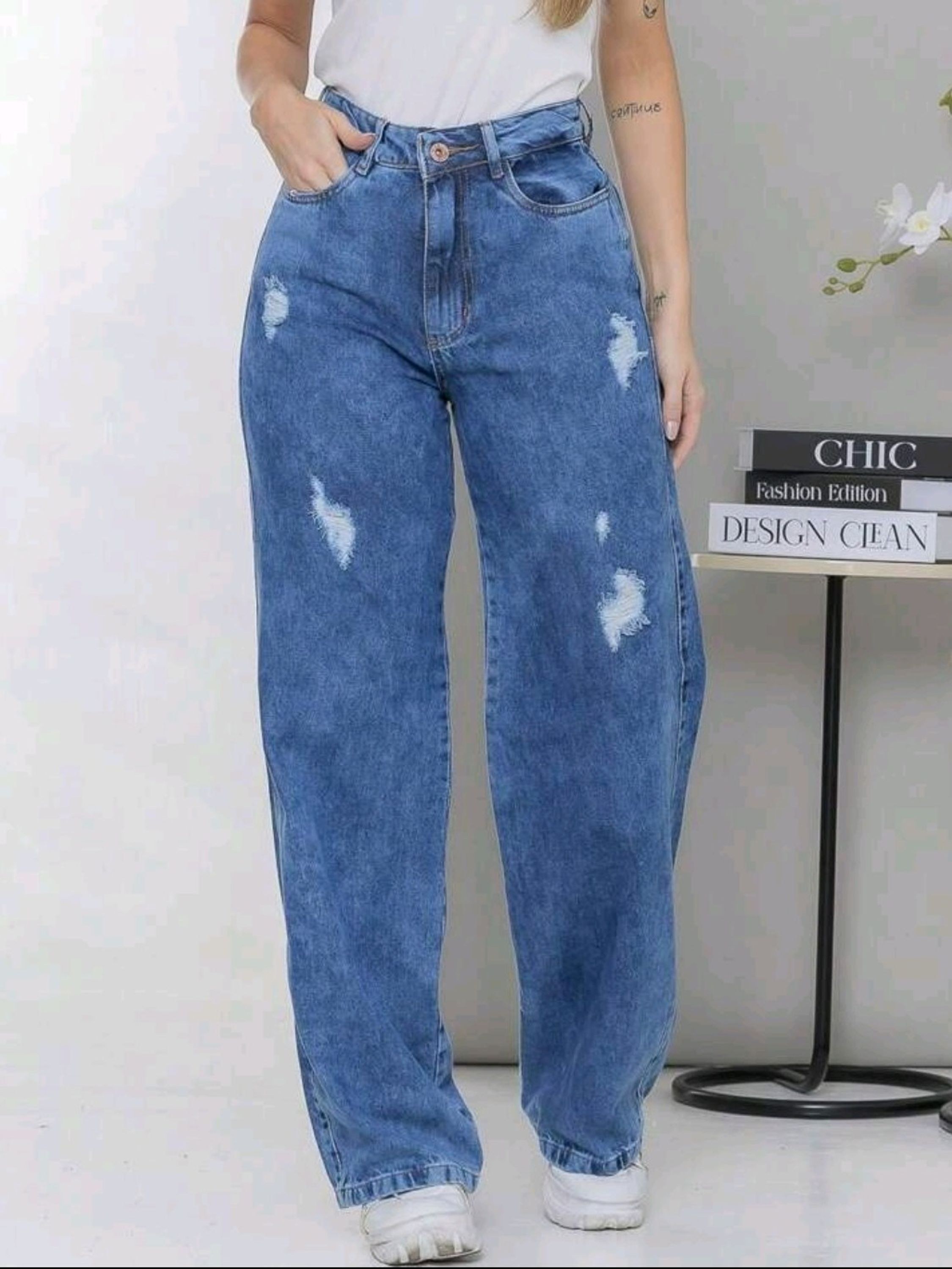 Wide leg jeans marmarizada pantalona feminina