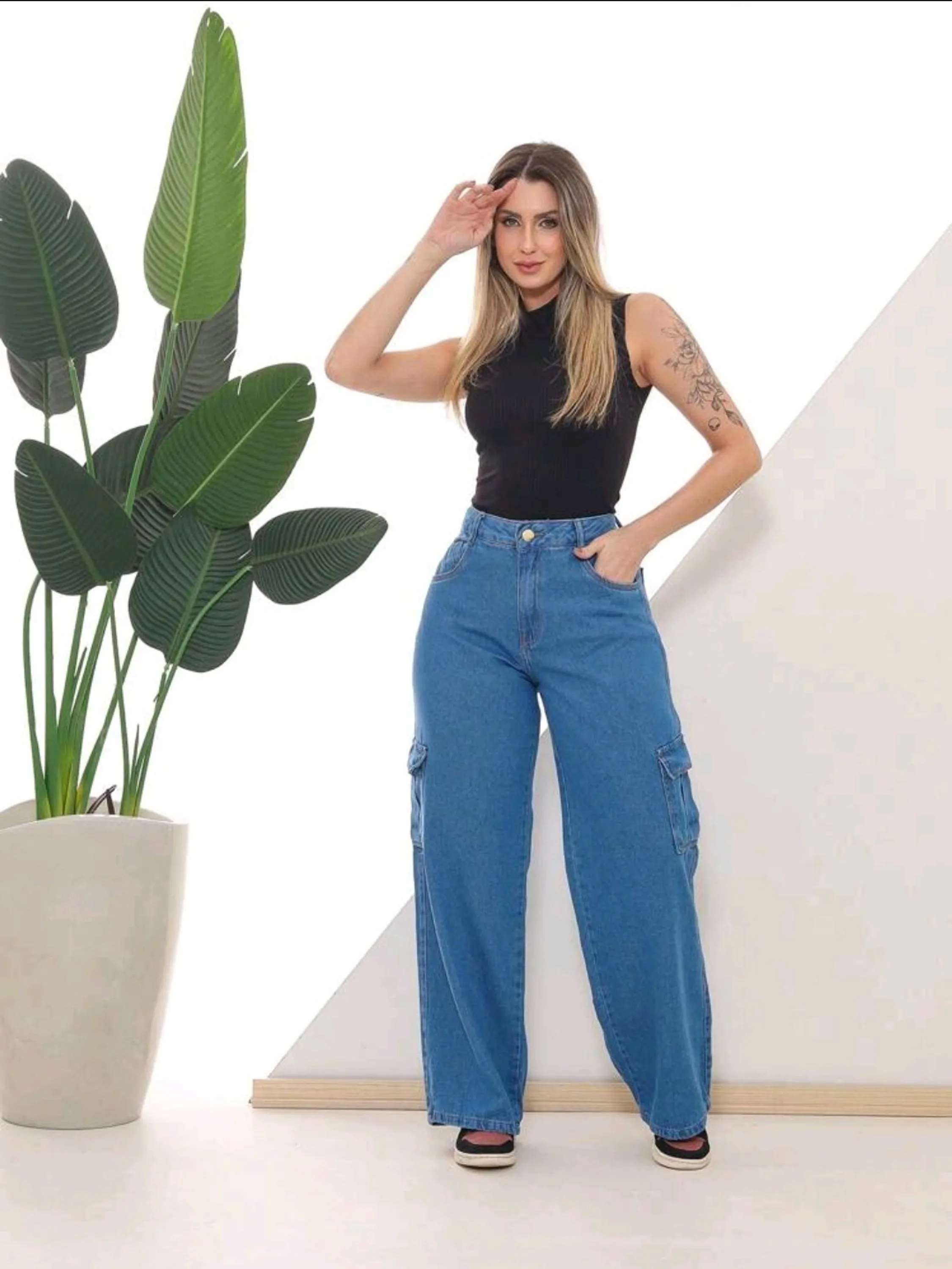 Calça Cargo jeans wide leg  pantalona feminina paul_a_beatri_z_jeans