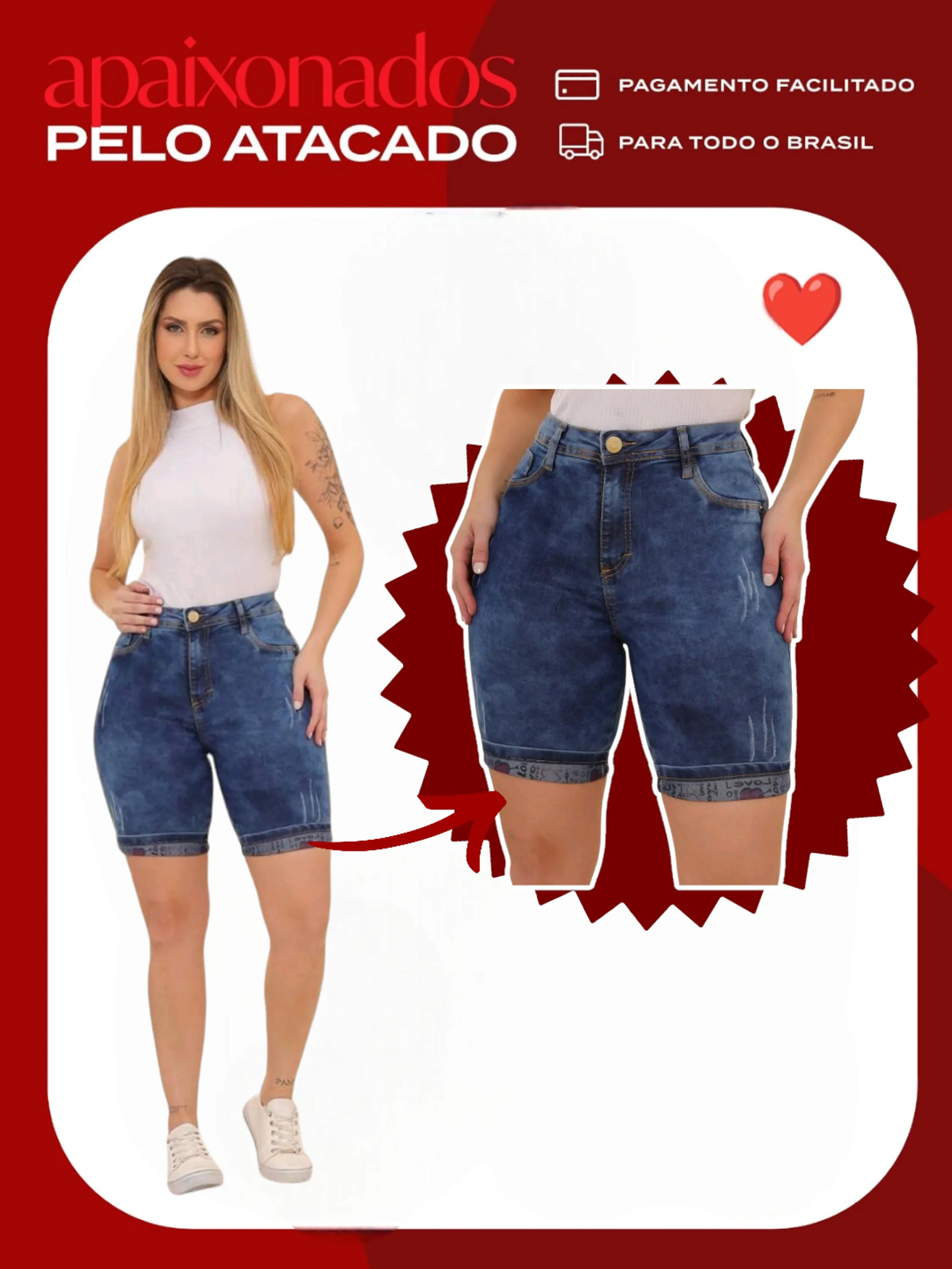 Bermuda jeans (barra love ) short feminina paul_a_beatri_z_jeans