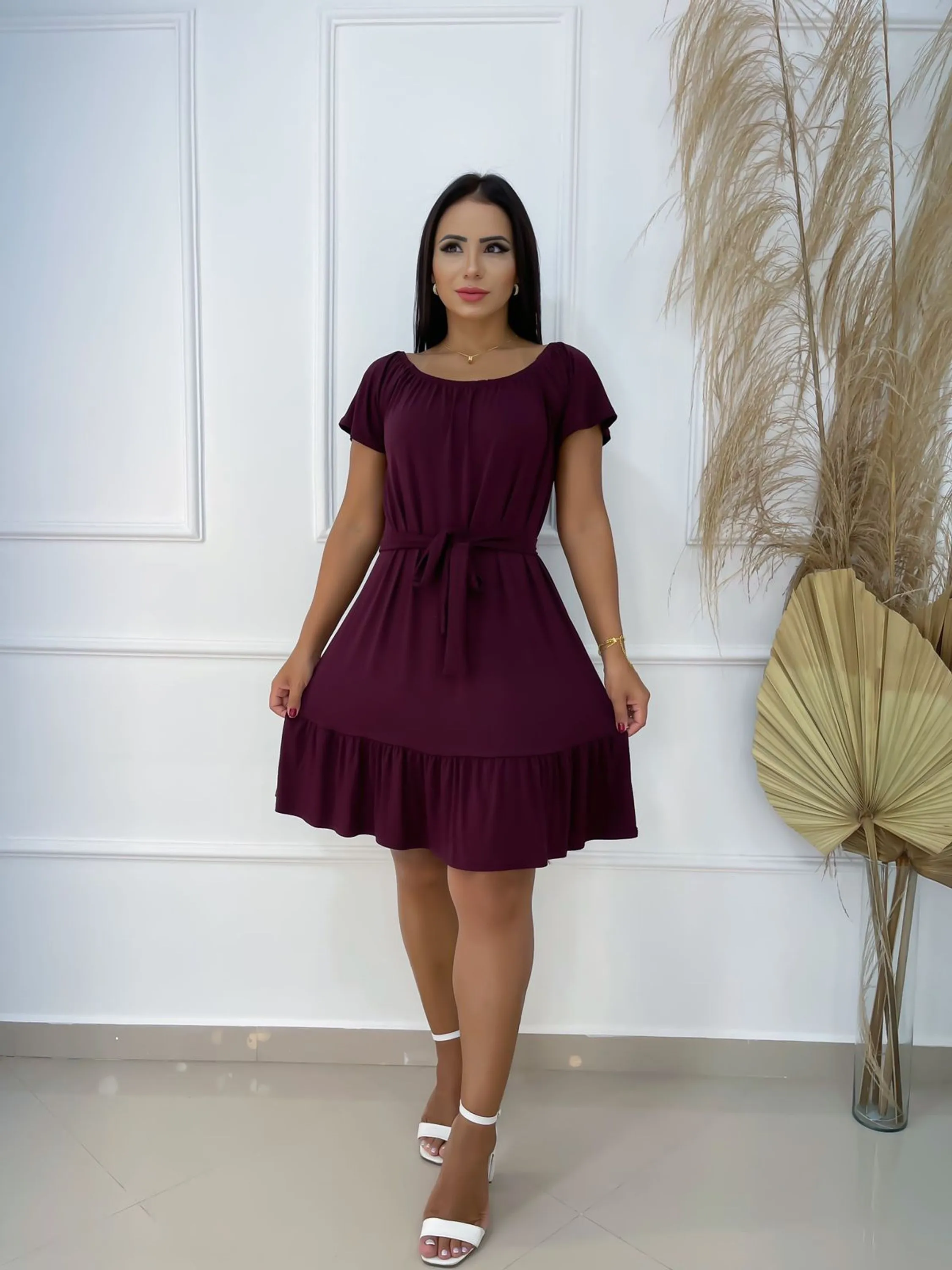 Vestido Gode Rodado Moda Evangélica Com Cinto Gola Canoa