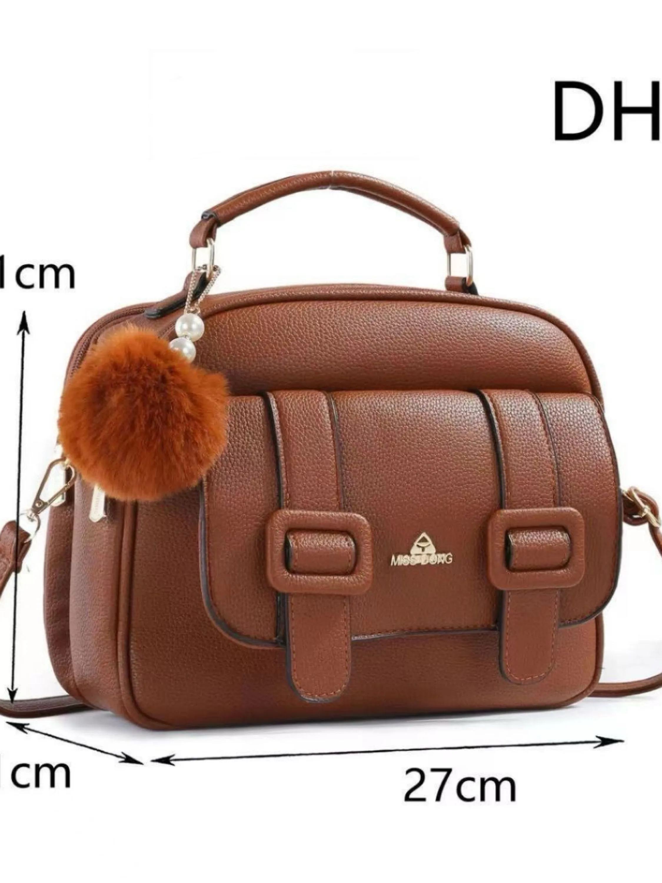 Bolsa média com dois zíper de cima e com pompom