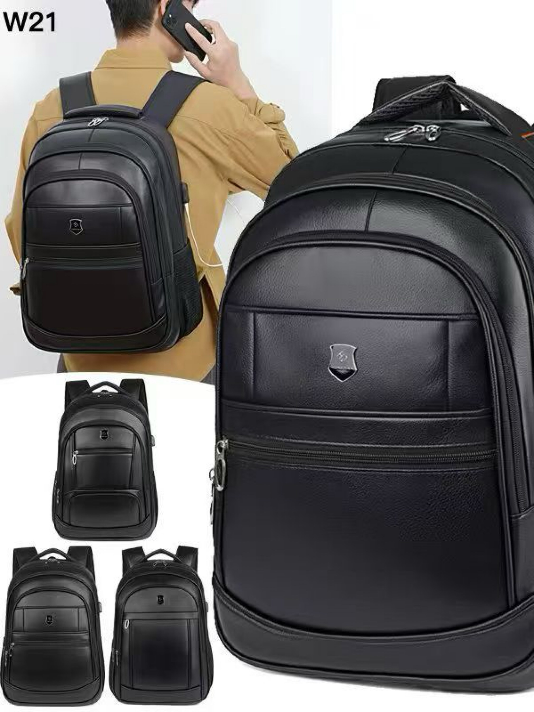 Mochila masculina de courino média com cabo USB W21