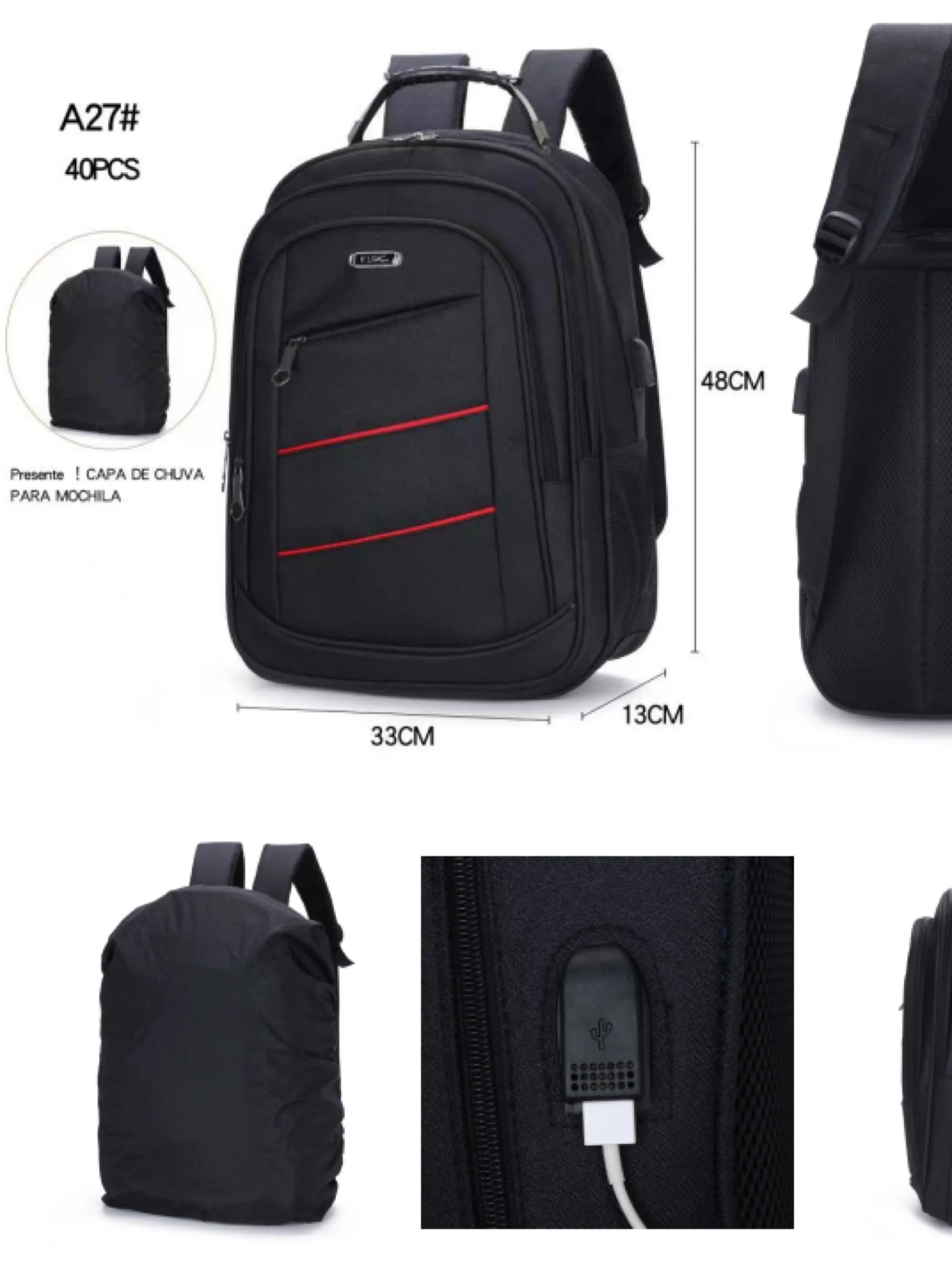 Mochila masculina com cabo de aço e com cabo USB